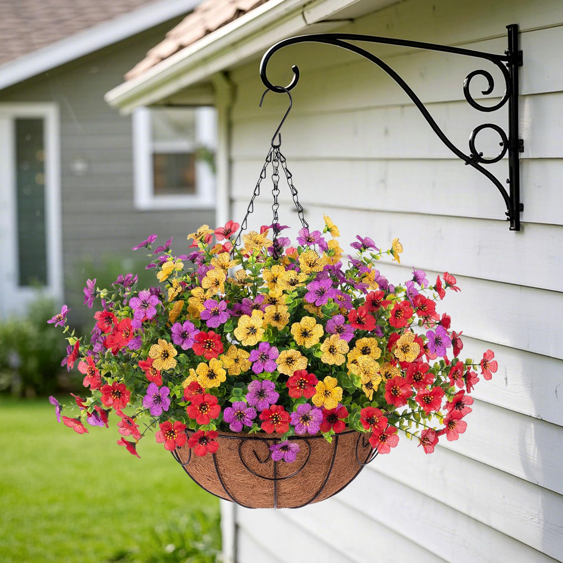 Ammyoo Artificial Faux Hanging Plants Flowers Basket for Spring Outdoor Decoration, Fake Silk Daisy UV Resistant Look Real with Eucalyptus Leaves Summer Outside Decor for Home Patio Garden