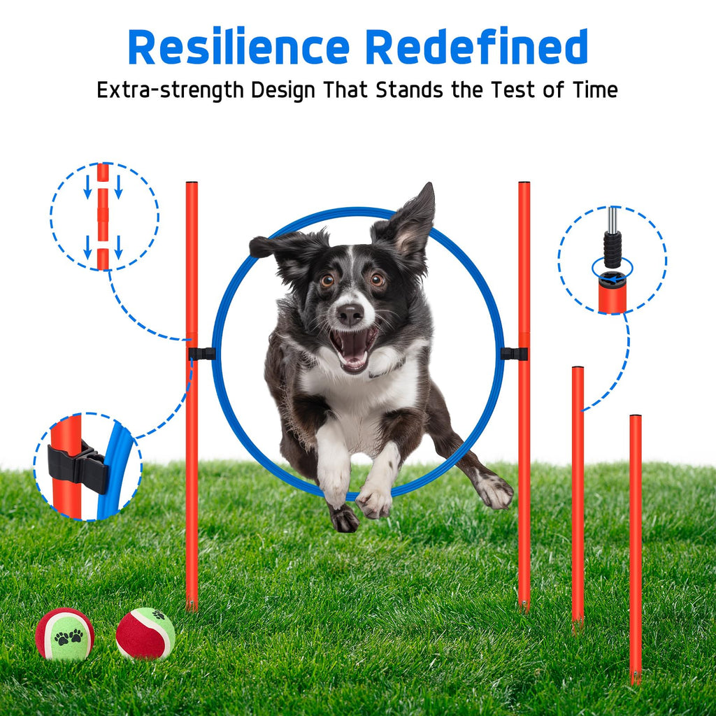 Polar Aurora Dog Agility Equipment, Dog Obstacle Courses Backyard - Pet Outdoor Games w/Adjustable High Jump, Agility Weave Poles, Tunnel, Jumping Ring, Pause Box, 2 Balls,Whistle and Carrying Bag
