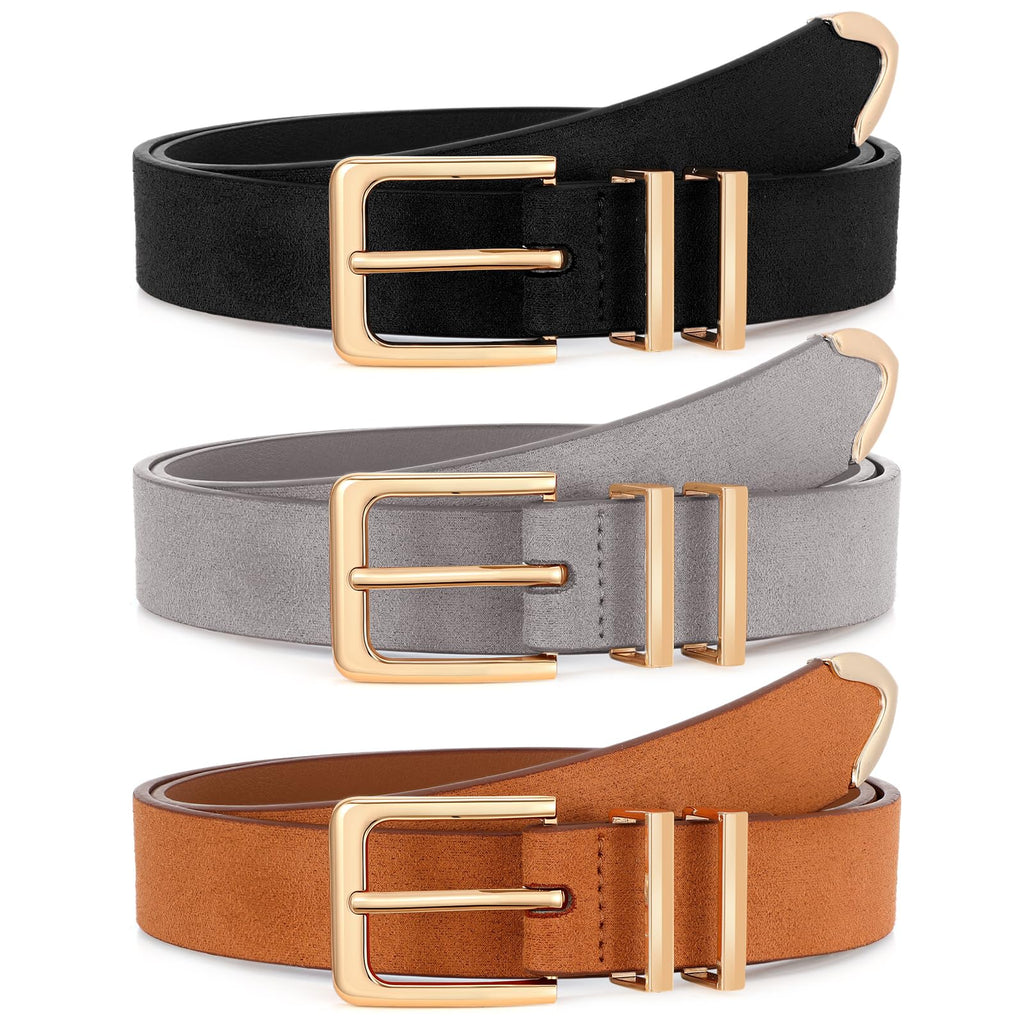 XZQTIVE 3 Pack Women Belts For Jeans Dresses Pants Ladies Leather Waist Belt with Gold Buckle