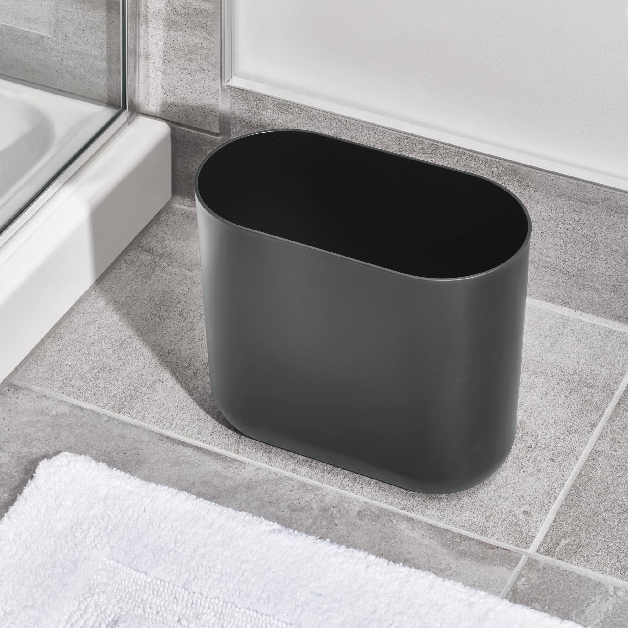 iDesign Small Slim Plastic Bathroom Trash Can, Black | Garbage Can for Bedroom, Office, Desk, Dorm
