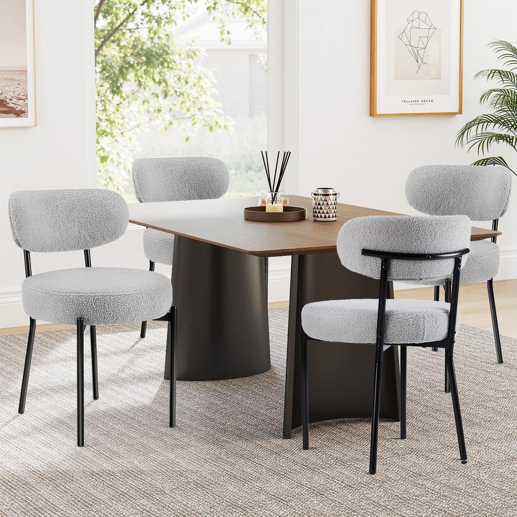 Sweetcrispy Dining Chairs Set of 2, Boucle Upholstered Modern Mid Century Round Kitchen Chairs with Curved Backrest & Metal Legs for Vanity, Living Room - Beige