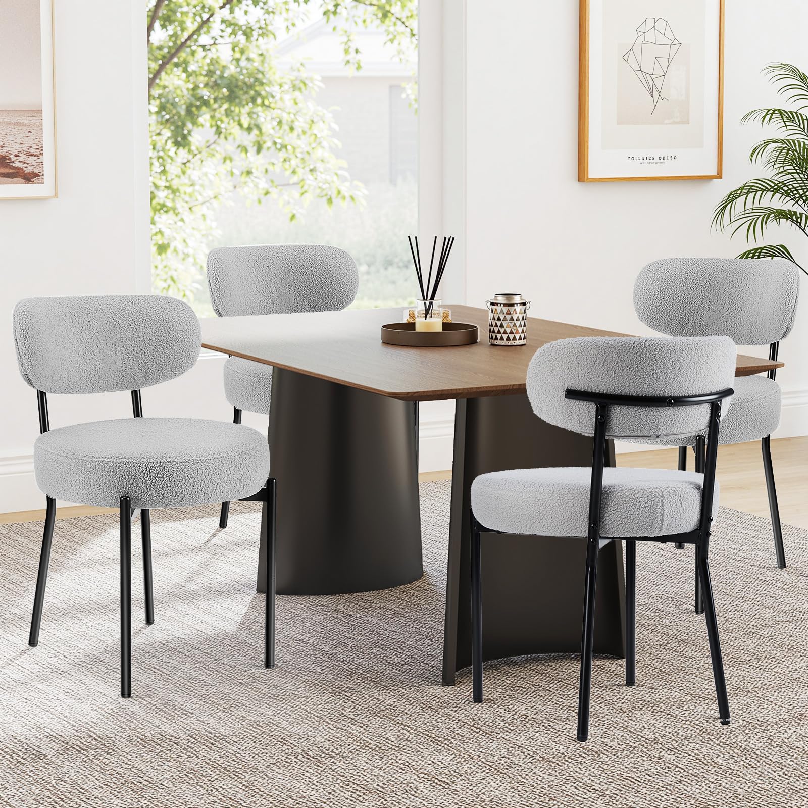 Sweetcrispy Dining Chairs Set of 2, Boucle Upholstered Modern Mid Century Round Kitchen Chairs with Curved Backrest & Metal Legs for Vanity, Living Room - Beige
