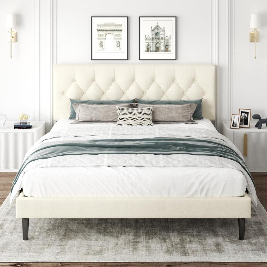 CXVX Full Size Platform Bed Frame with Upholstered Headboard, Button Tufted Design, Strong Wooden Slats, No Box Spring Needed, Easy Assembly, Noise Free