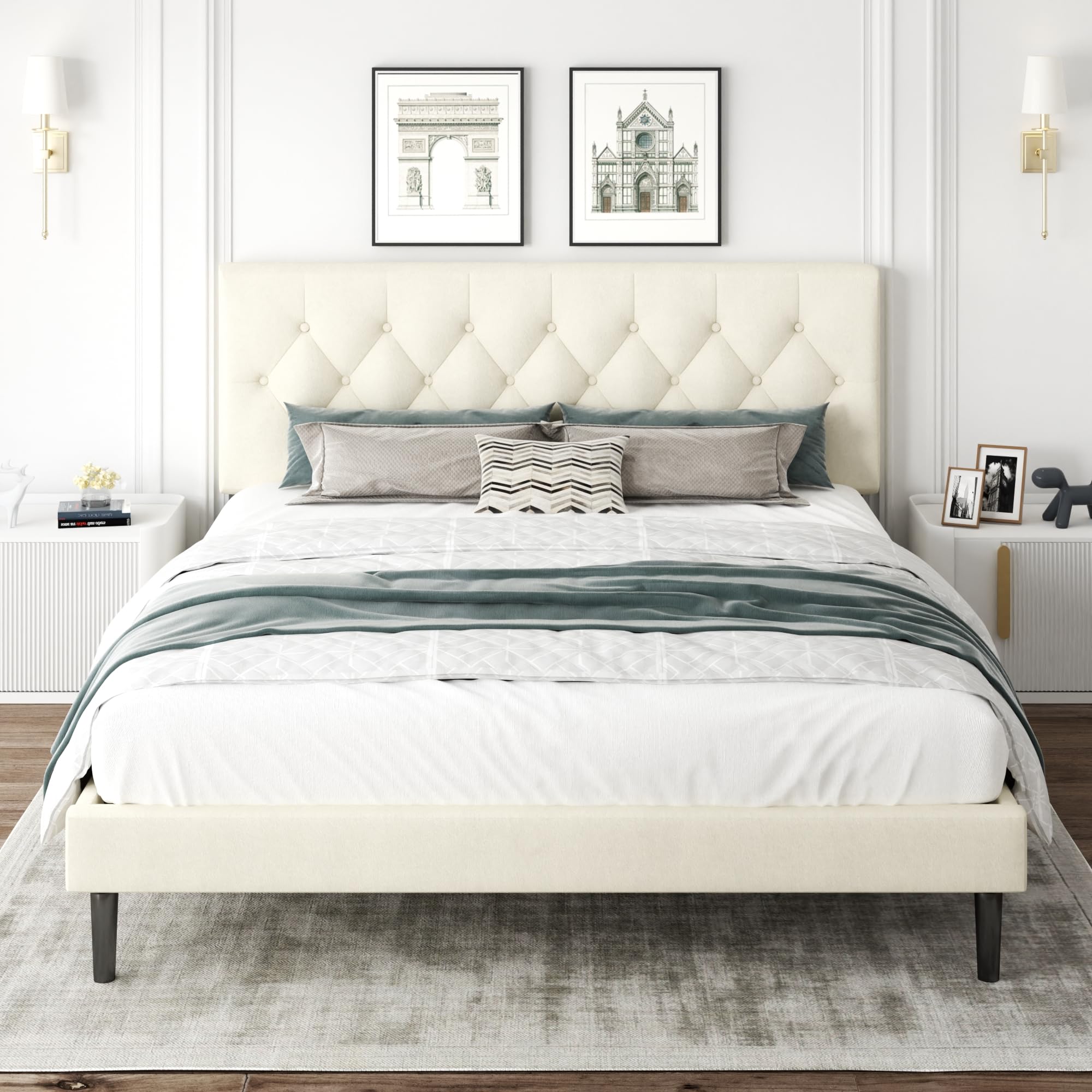 CXVX Full Size Platform Bed Frame with Upholstered Headboard, Button Tufted Design, Strong Wooden Slats, No Box Spring Needed, Easy Assembly, Noise Free