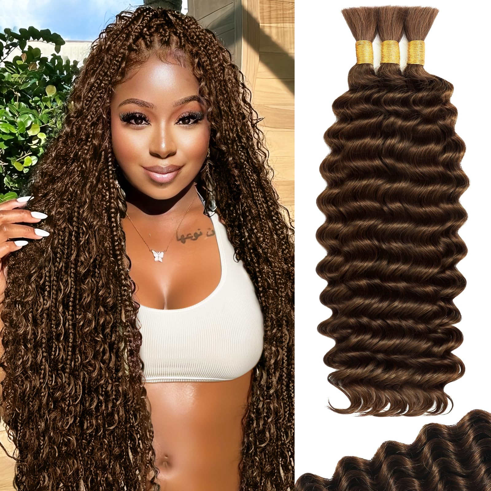 Human Braiding Hair for Boho Braids 110g Deep Wave Boho Bulk Human Hair for Braiding Knotless 12A Wet and Wavy Bohemian 3 No Weft Bundles/Pack Curly Braids Honey Blonde 16 Inch