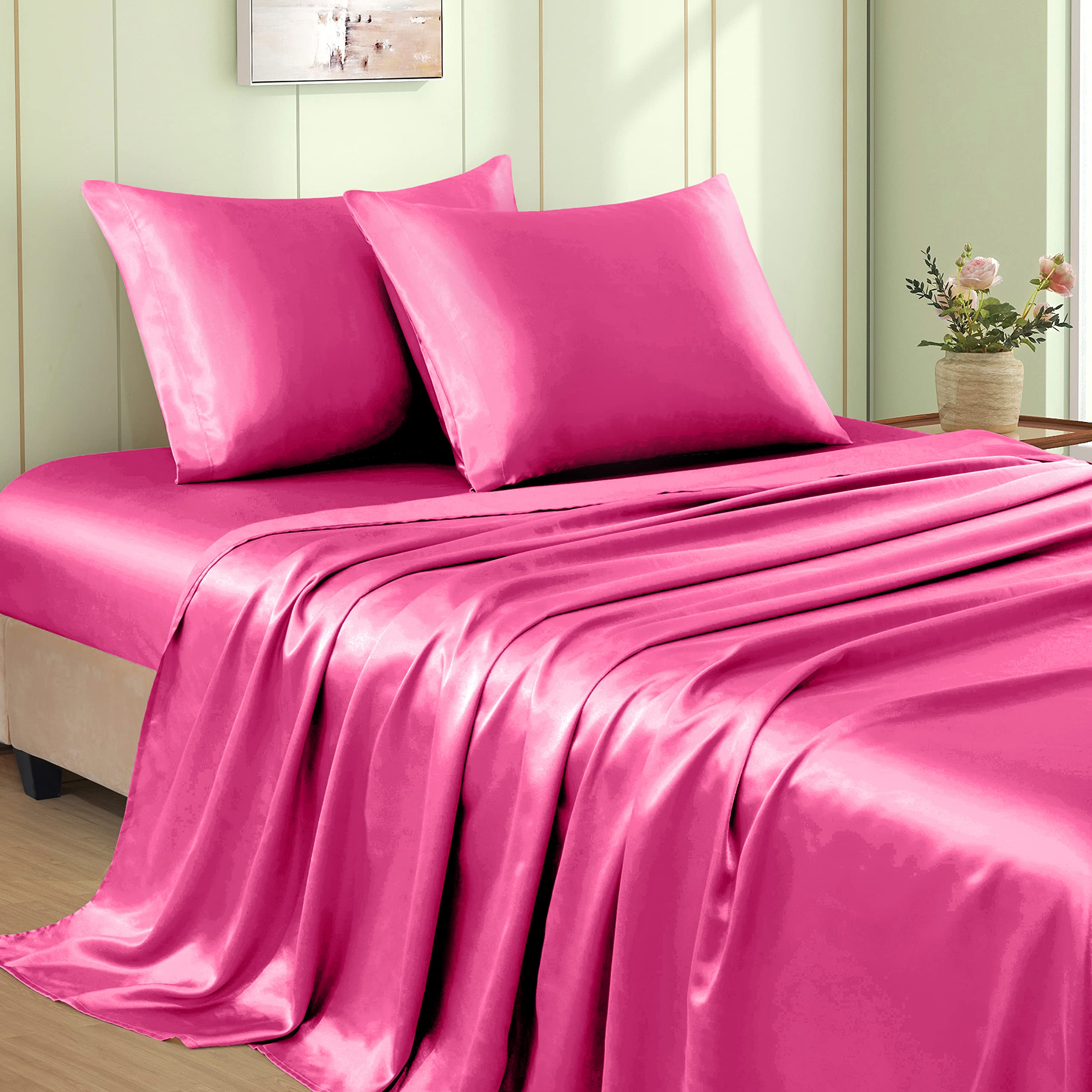 VACVELT 3pcs Beige Satin Sheets Twin Size Bed Set, 15 Inch Deep Pocket Silky Satin Sheet Set, Soft Satin Bedding Set Cooling & Luxury Bed Sheets, 1 Fitted Sheet + 1 Flat Sheet + 1 Pillowcase