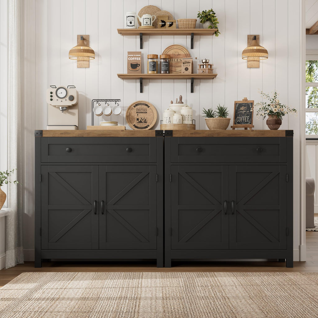 HOSTACK Coffee Bar Cabinet, Kitchen Storage Cabinet, Modern Farmhouse Buffet Sideboard with Drawer and Adjustable Shelf, Barn Door Accent Cabinets for Kitchen, Dining Room, Entryway, Ash Grey
