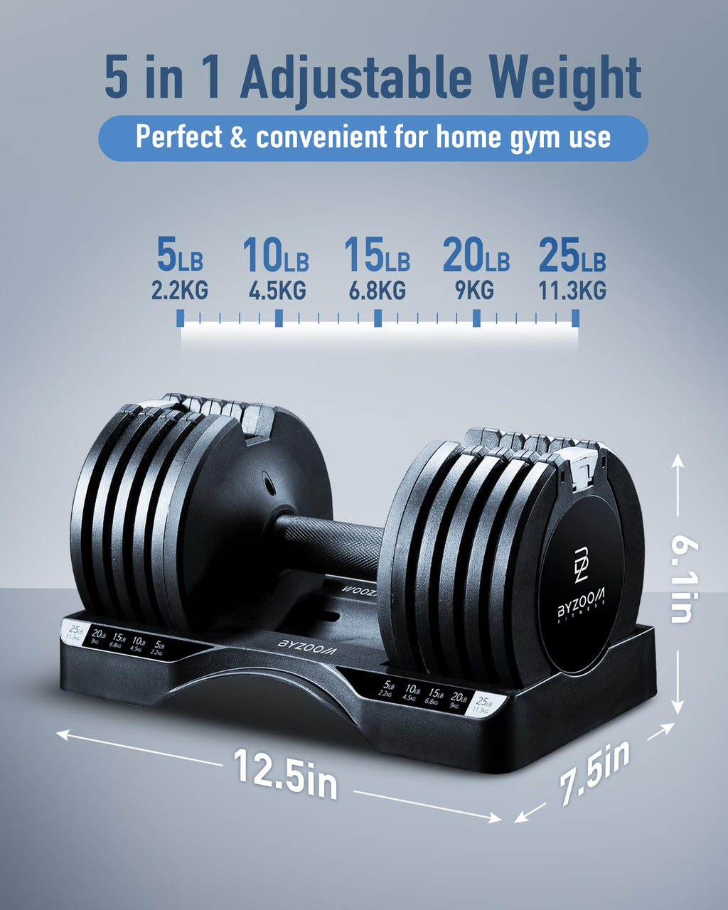 BYZOOM FITNESS Pure Series Adjustable Dumbbell - 12.5/25/27.5/50/55/75lb - ONE UNIT OR PAIR(check QTY before purchase) - 5-in-1/ 10-in-1 / 15-in-1 / 21-in-1 Flexible Hand Weights for Home Apartment Garage Gym, Strength Training & Fitness Workouts, White O