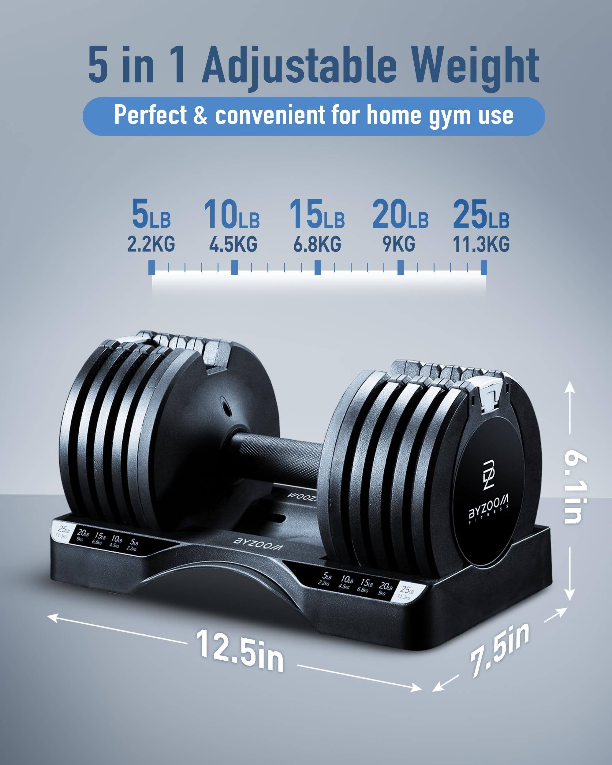 BYZOOM FITNESS Pure Series Adjustable Dumbbell - 12.5/25/27.5/50/55/75lb - ONE UNIT OR PAIR(check QTY before purchase) - 5-in-1/ 10-in-1 / 15-in-1 / 21-in-1 Flexible Hand Weights for Home Apartment Garage Gym, Strength Training & Fitness Workouts, White O