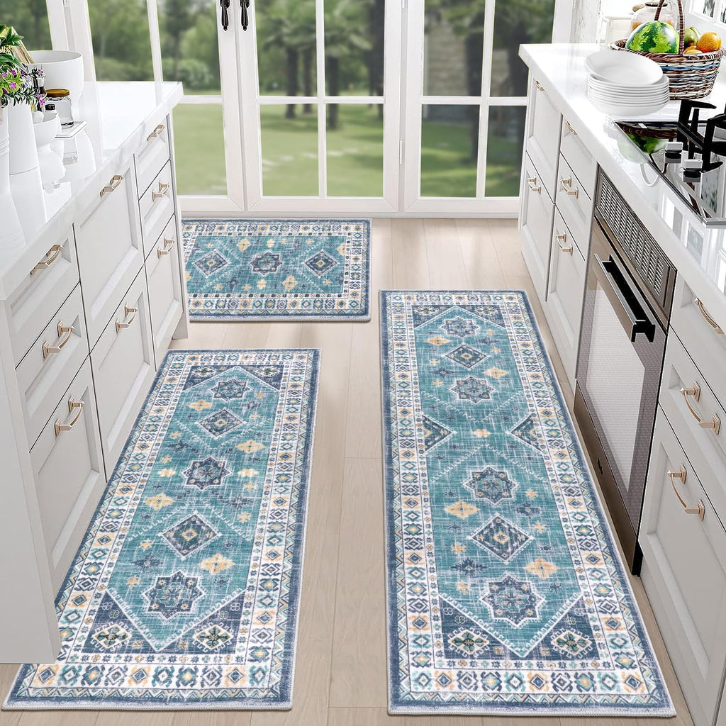 HEBE Boho Kitchen Rug Sets 3 Piece with Runner Non Slip Kitchen Rugs and Mats Washable Kitchen Mats for Floor Thick Kitchen Floor Mat Carpet Runner Rugs for Hallway Laundry Holiday Decor