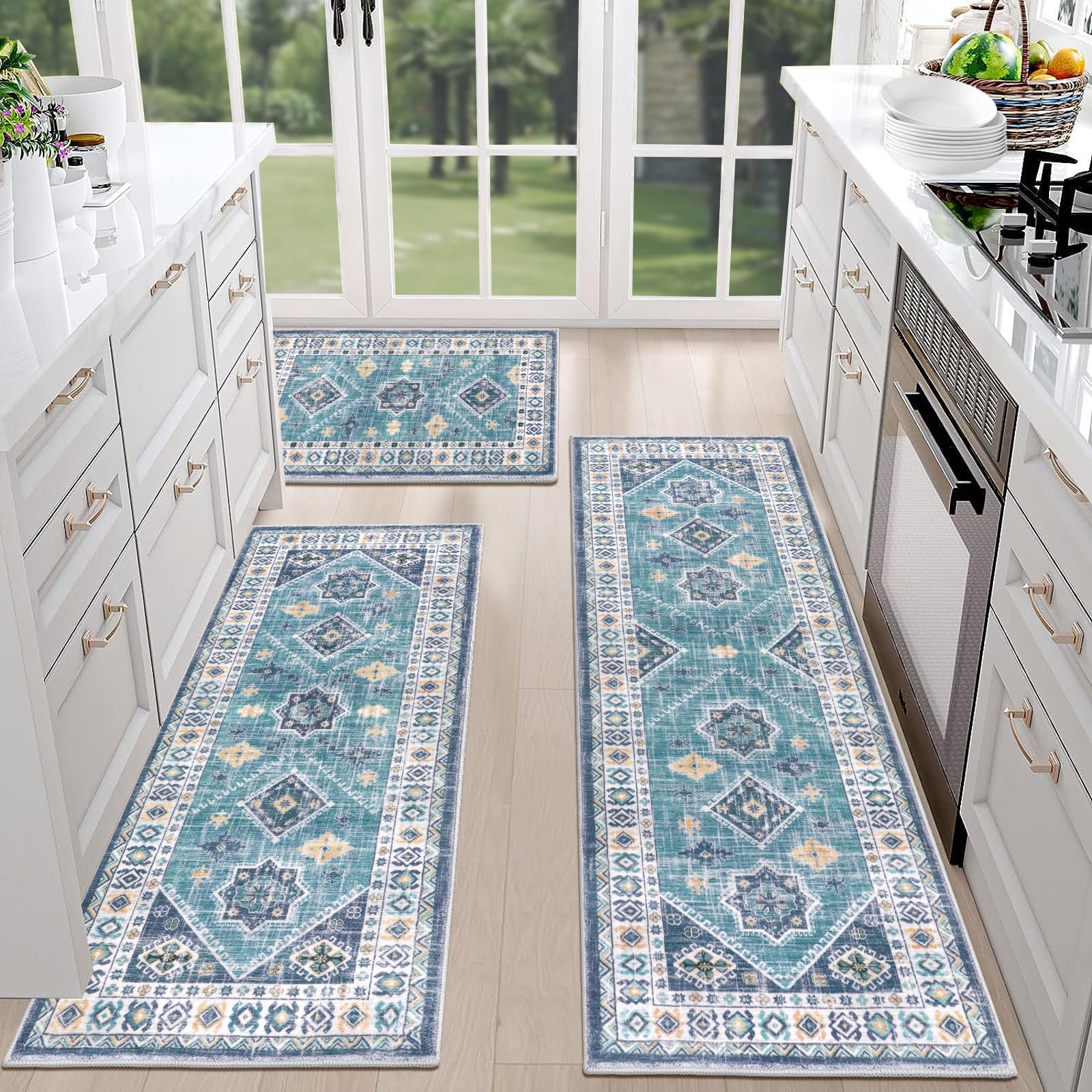 HEBE Boho Kitchen Rug Sets 3 Piece with Runner Non Slip Kitchen Rugs and Mats Washable Kitchen Mats for Floor Thick Kitchen Floor Mat Carpet Runner Rugs for Hallway Laundry Holiday Decor