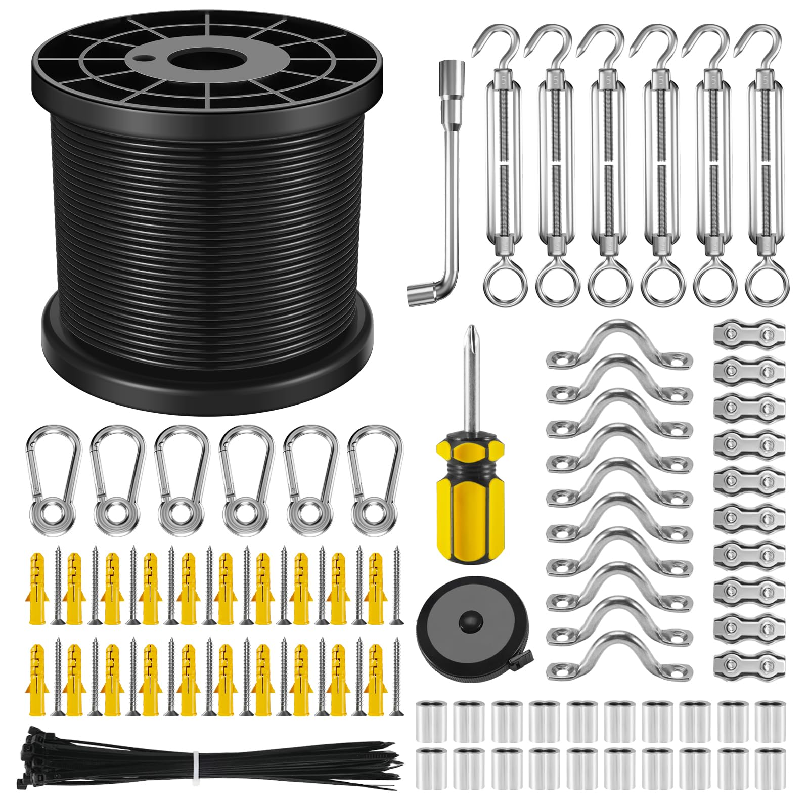 NEREUS String Light Hanging Kit with 164 Ft Vinyl Coated 304 Stainless Steel Cable, String Light Suspension Kit, Guide Wire with Turnbuckles and Hooks for Patio, Backyard Lighting Accessories