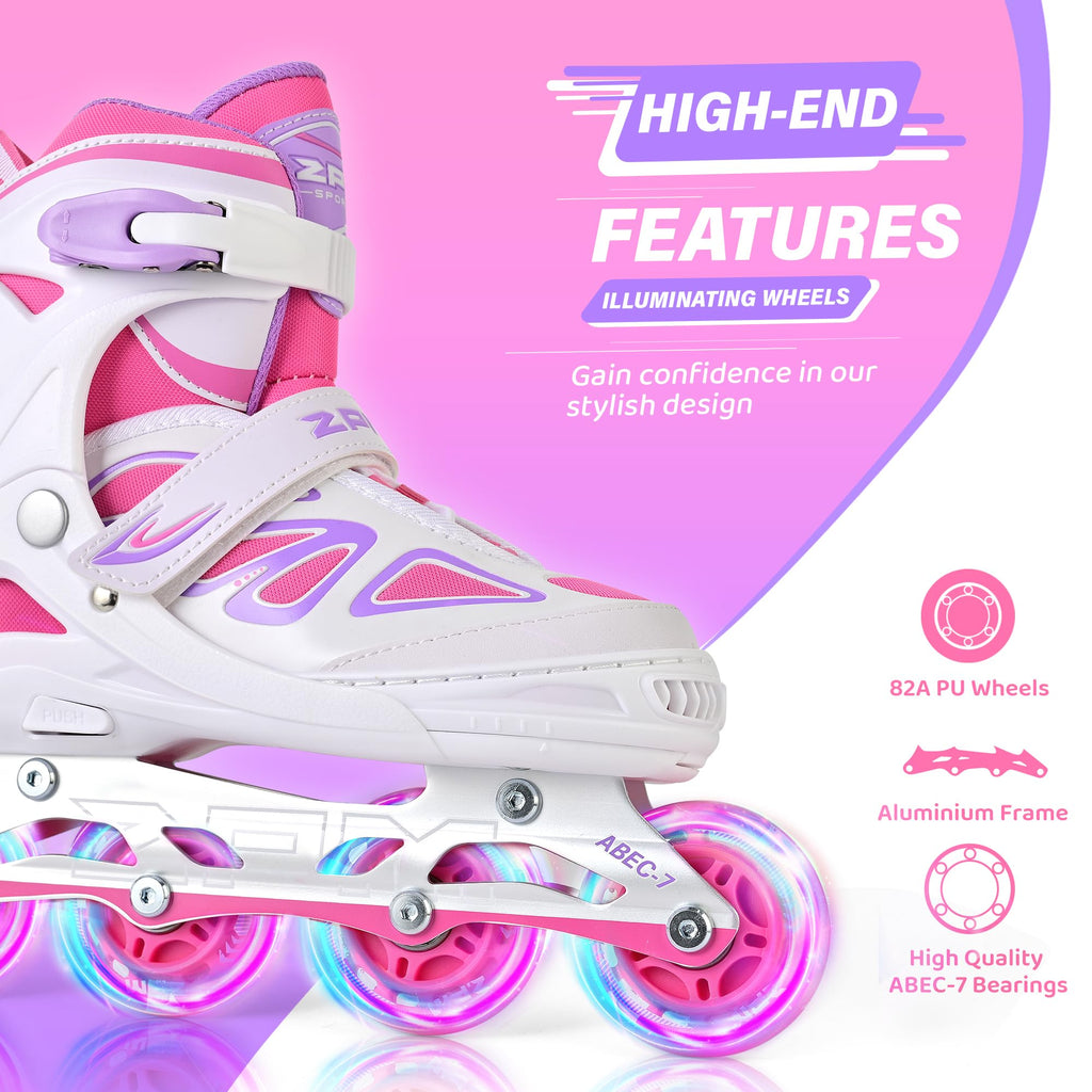 2PM SPORTS Vinal Girls Adjustable Flashing Inline Skates, All Wheels Light Up, Fun Illuminating Skates for Kids Men Adult Women and Boys