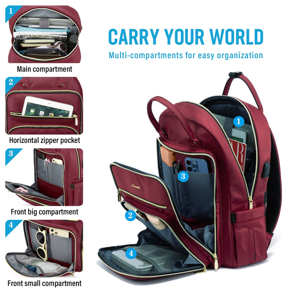 LOVEVOOK Laptop Backpack for Women, Water Resistant Travel Work Backpacks Purse College Business Teacher Nurse Computer bag with USB Charging Port