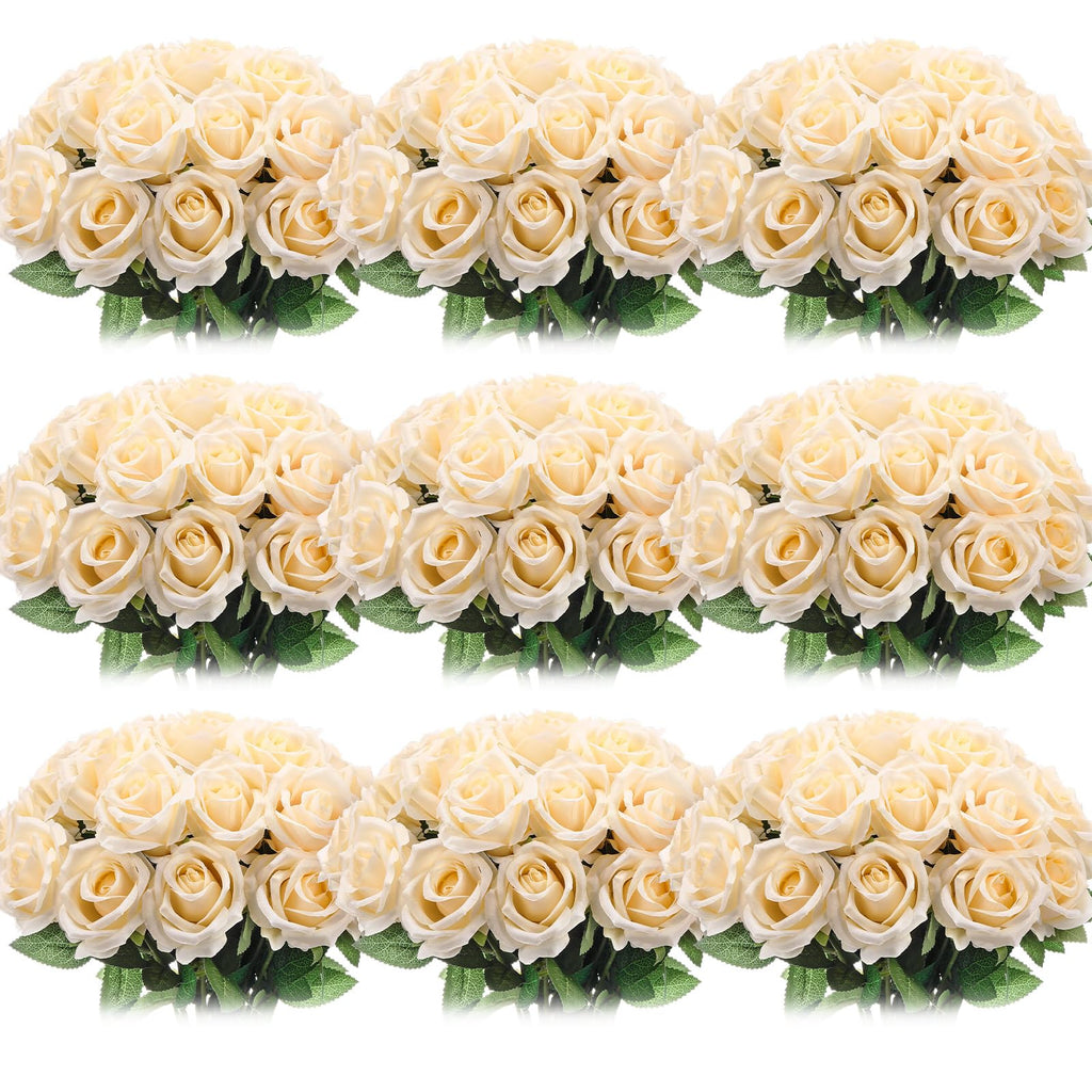 Jexine 100 Pieces Artificial Roses Flowers Bulk, Long Stem Realistic Fake Silk Roses Bouquet for Table Centerpiece Vases Wedding Party Kitchen Decor(Beige)