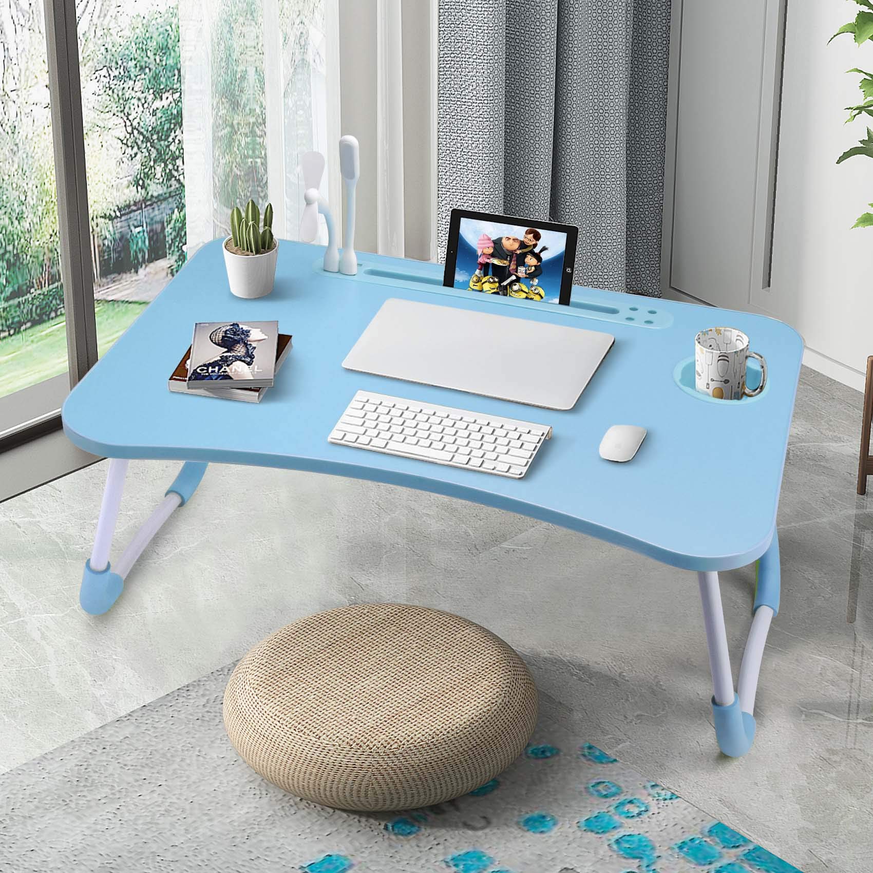 Slendor Lap Desk with Cup Holder, Foldable Laptop Table for Bed, Portable Bed Desk for Laptop and Writing, Computer Tray with Tablet Slot, Notebook Stand Reading Holder for Couch Sofa Floor,Black