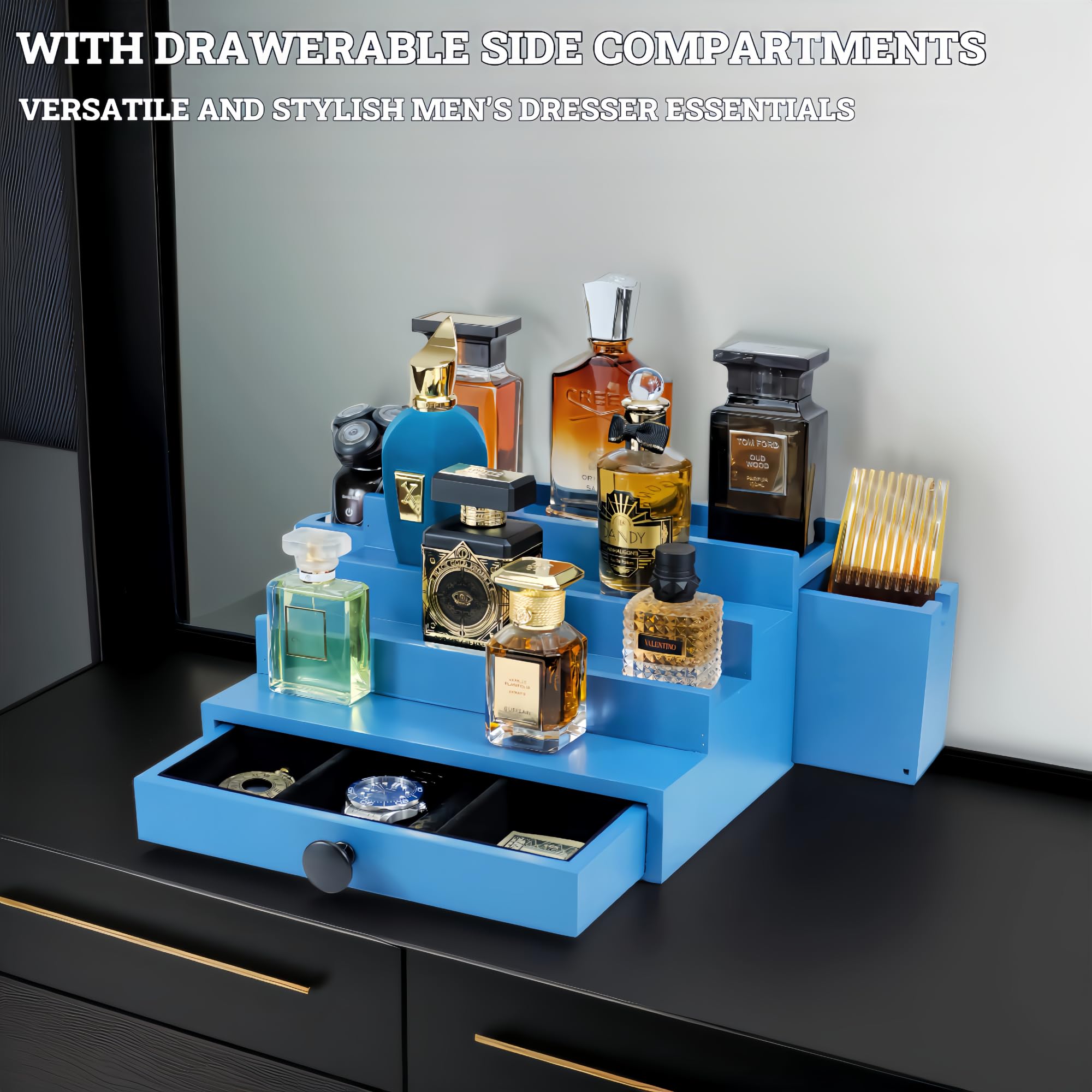 Wooden Cologne Organizer for Men 3 Tier | Black Perfume Holder Shelf for Dresser | High Grade Velvet Lining and Stylish Gift Box | Uncluttered Design Perfume Display Stand