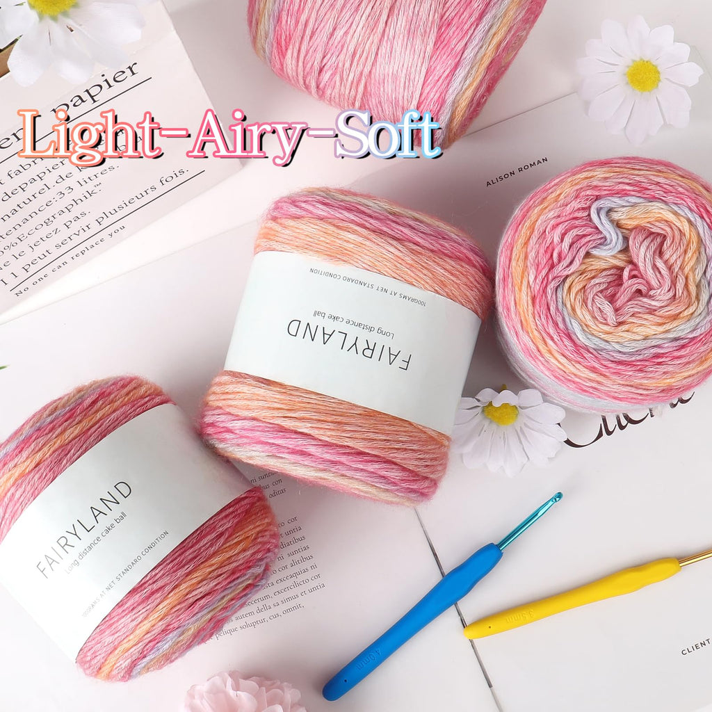 Katech Fairyland Yarn for Crocheting Knitting-Gradient Yarn Cake-4 Pack of 100g/3.52 oz-Soft DK Light Weight #3-60% Cotton 30% Acrylic 10% Wool-Perfect for Scarves, Shawls, Blankets and Garments(A)