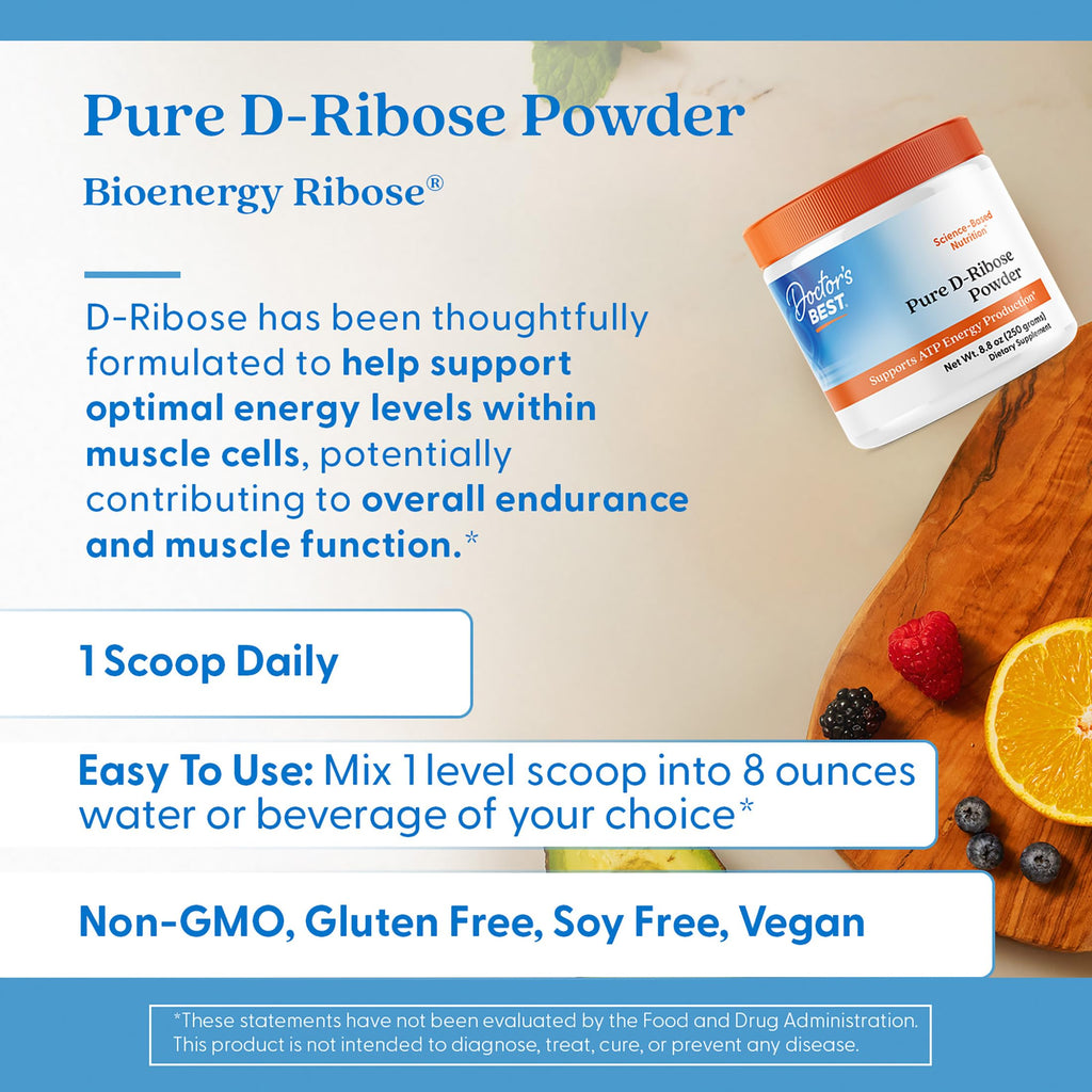 Doctor's Best Pure D Ribose Powder Supplement - D-Ribose for Men & Women, Supports ATP Energy Production in Heart & Muscle, Health & Wellness Support, Gluten Free, Soy Free, Vegan, Unflavored - 8.8 oz
