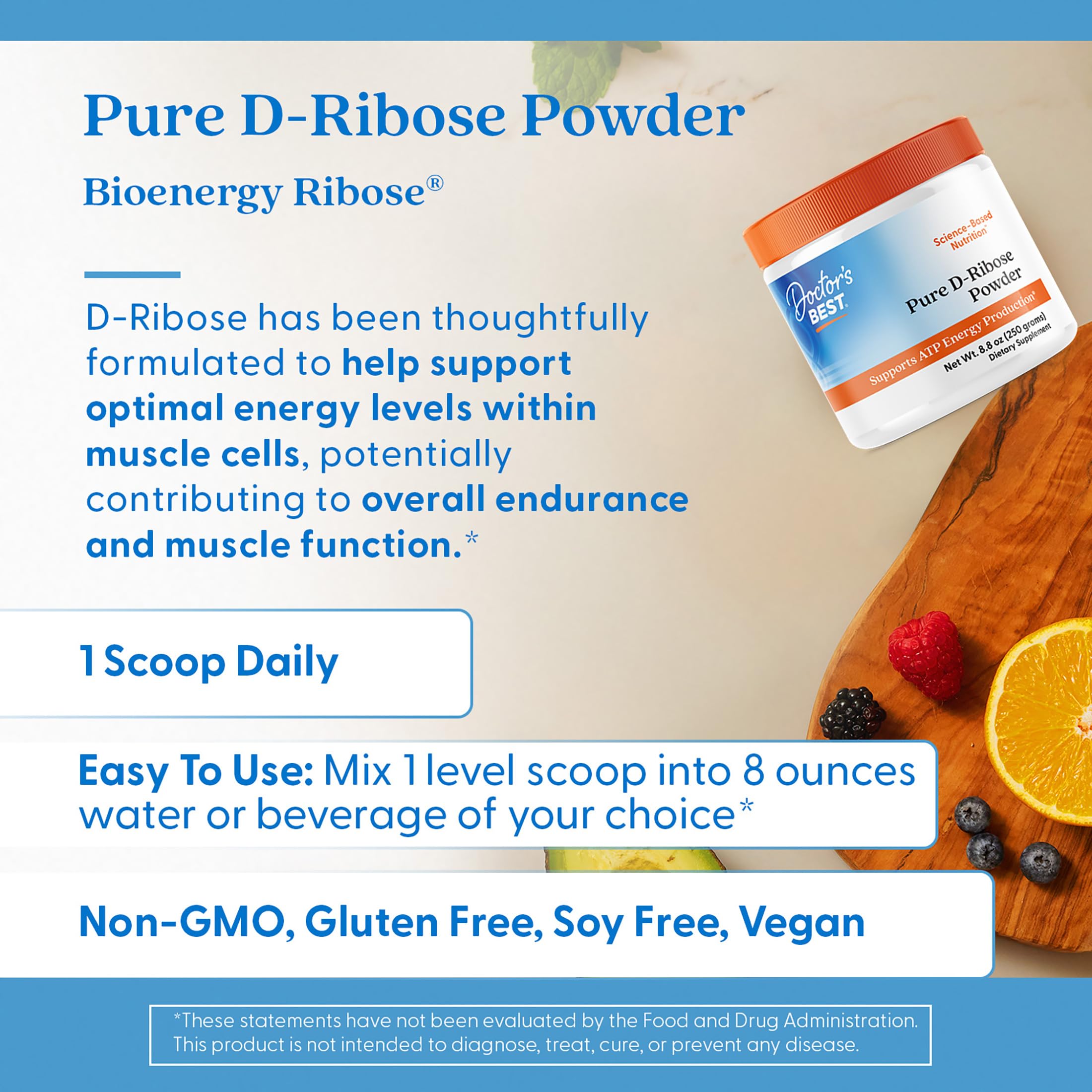 Doctor's Best Pure D Ribose Powder Supplement - D-Ribose for Men & Women, Supports ATP Energy Production in Heart & Muscle, Health & Wellness Support, Gluten Free, Soy Free, Vegan, Unflavored - 8.8 oz