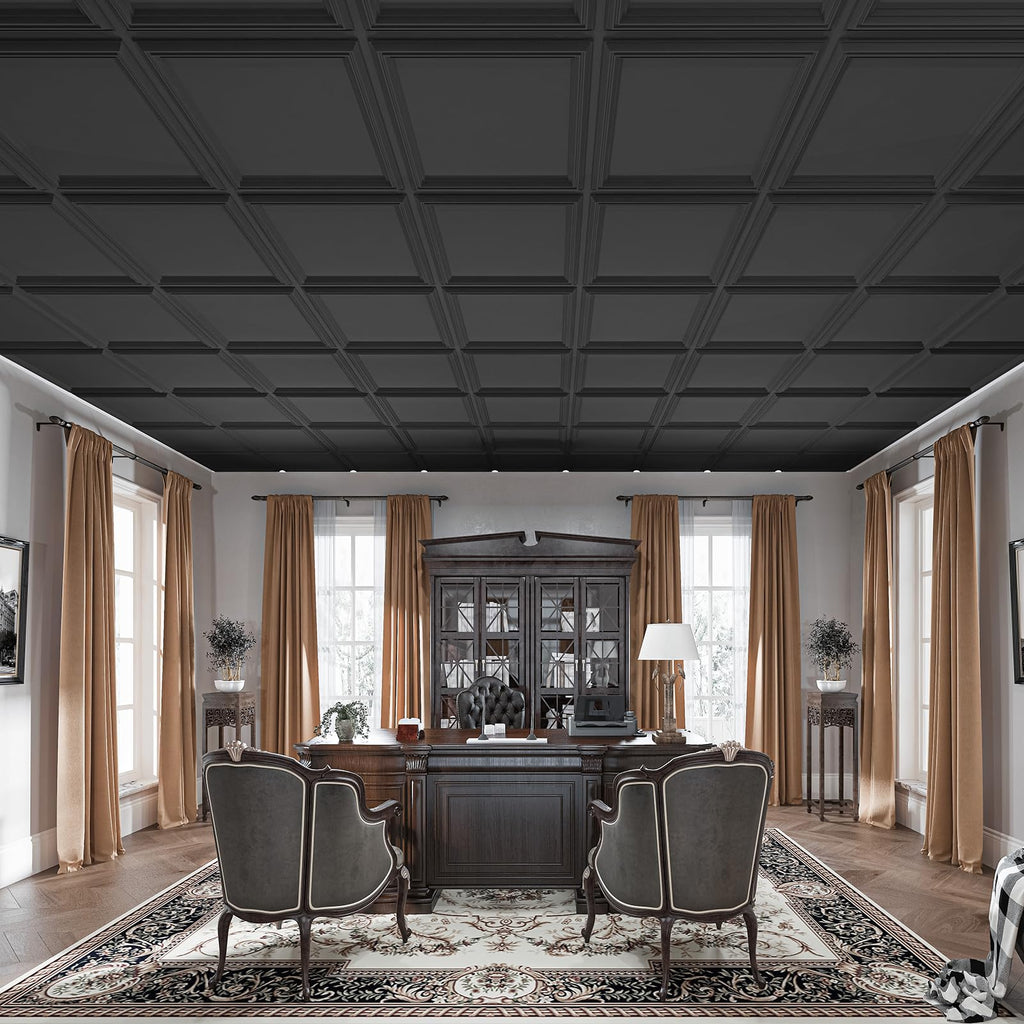 Art3d Drop Ceiling Tiles 24x24in. (12-Pack, 48 Sq.ft), Wainscoting Panels Glue Up 2ft x 2ft for Interior Décor in Living Room, Bedroom & Office, Star Black
