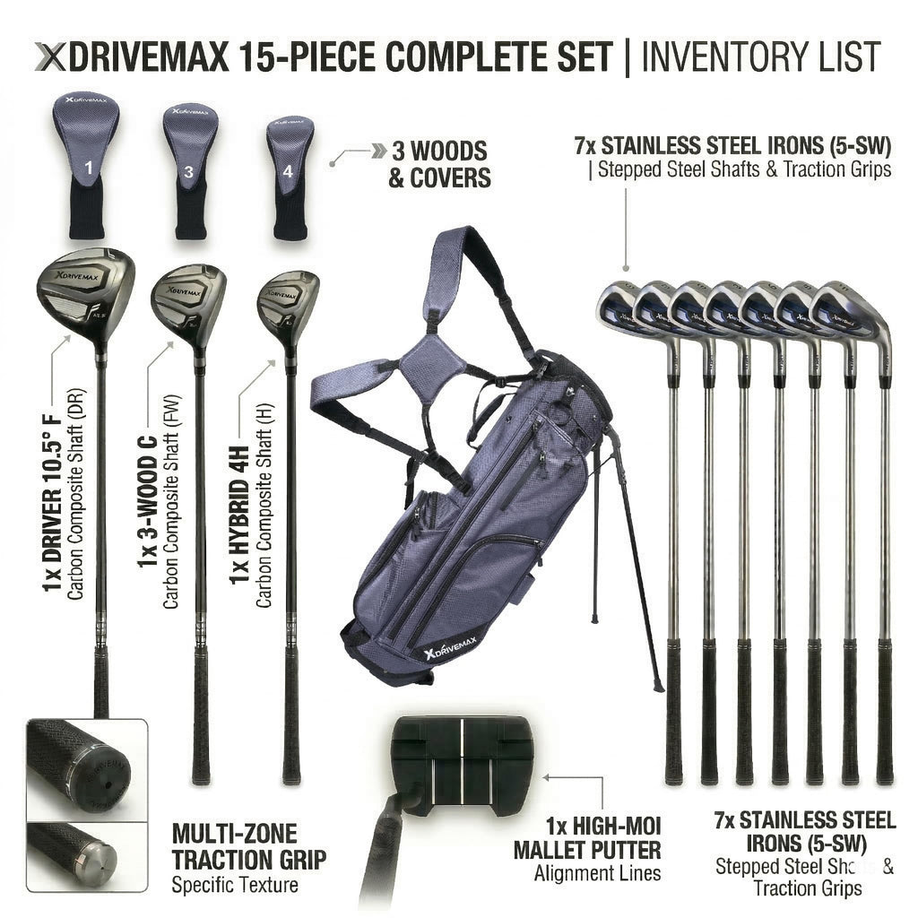 XDriveMax 15-Piece Golf Clubs Men Complete Golf Club Set - Beginner Golf Clubs Set for Men Right Handed - Forged Titanium 10.5° Driver, 5-SW Stainless Steel Irons, Putter & Stand Bag - Mens Golf Set