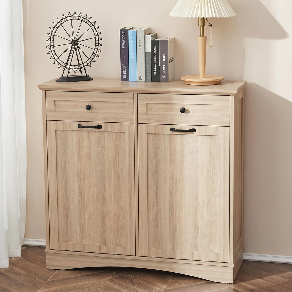 AHB Double Tilt Out Trash Can Cabinet Freestanding Kitchen Trash Can, 2x13 Gallons Hidden Garbage Recycling Cabinet with Hideaway Drawers Pet Proof Trash Can Holder for Kitchen, Antique White