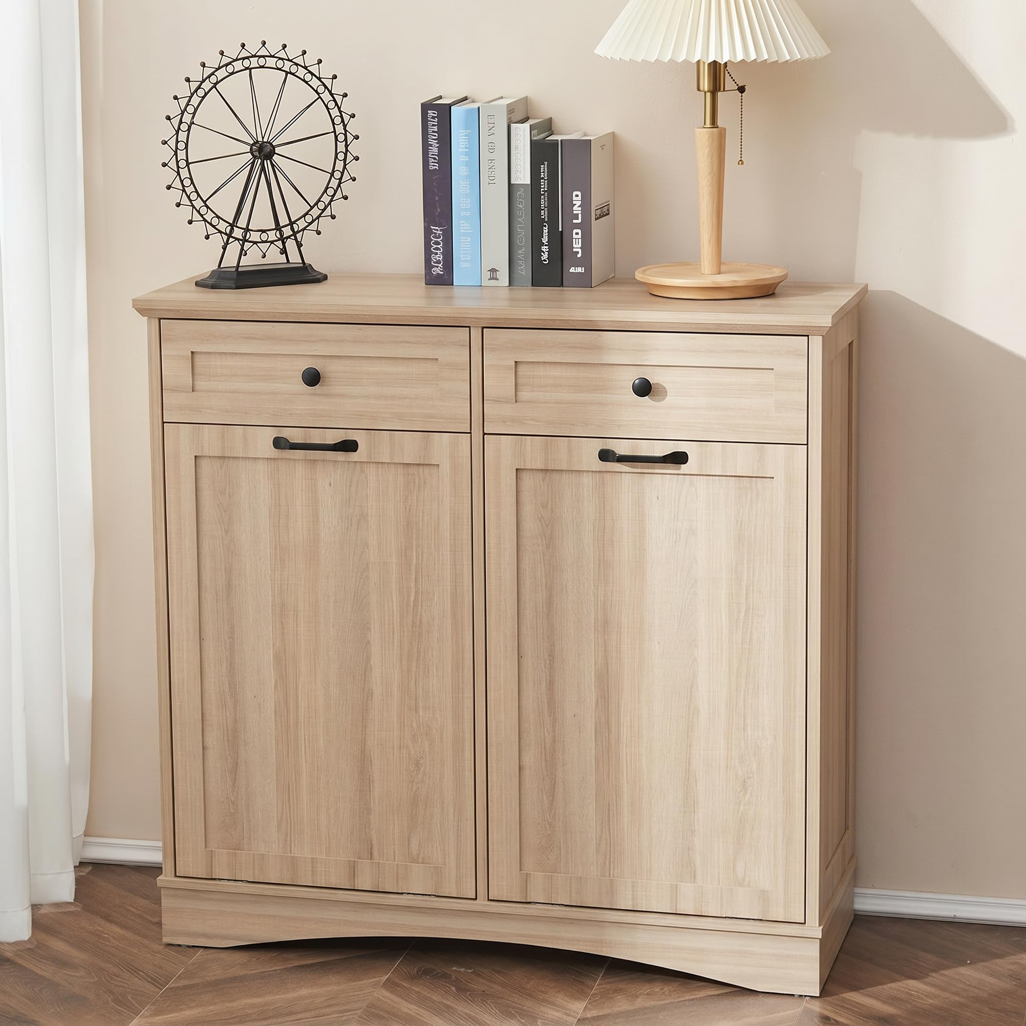 AHB Double Tilt Out Trash Can Cabinet Freestanding Kitchen Trash Can, 2x13 Gallons Hidden Garbage Recycling Cabinet with Hideaway Drawers Pet Proof Trash Can Holder for Kitchen, Antique White