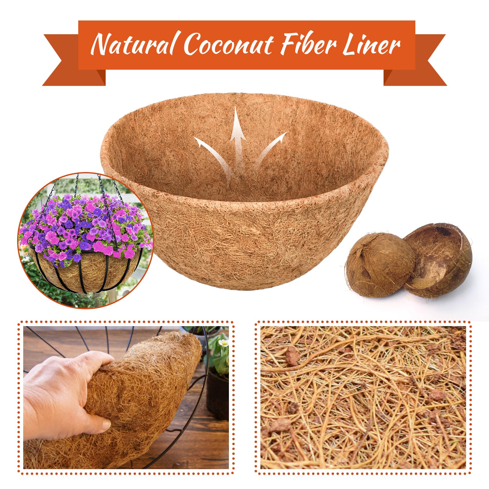Riare 2 Pack 12 Inch Round Coco Liners Replacement, 100% Natural Coconut Coir Liners for Hanging Baskets, Garden Flower Vegetables Planter Pot, Window Box, Fence, Decks