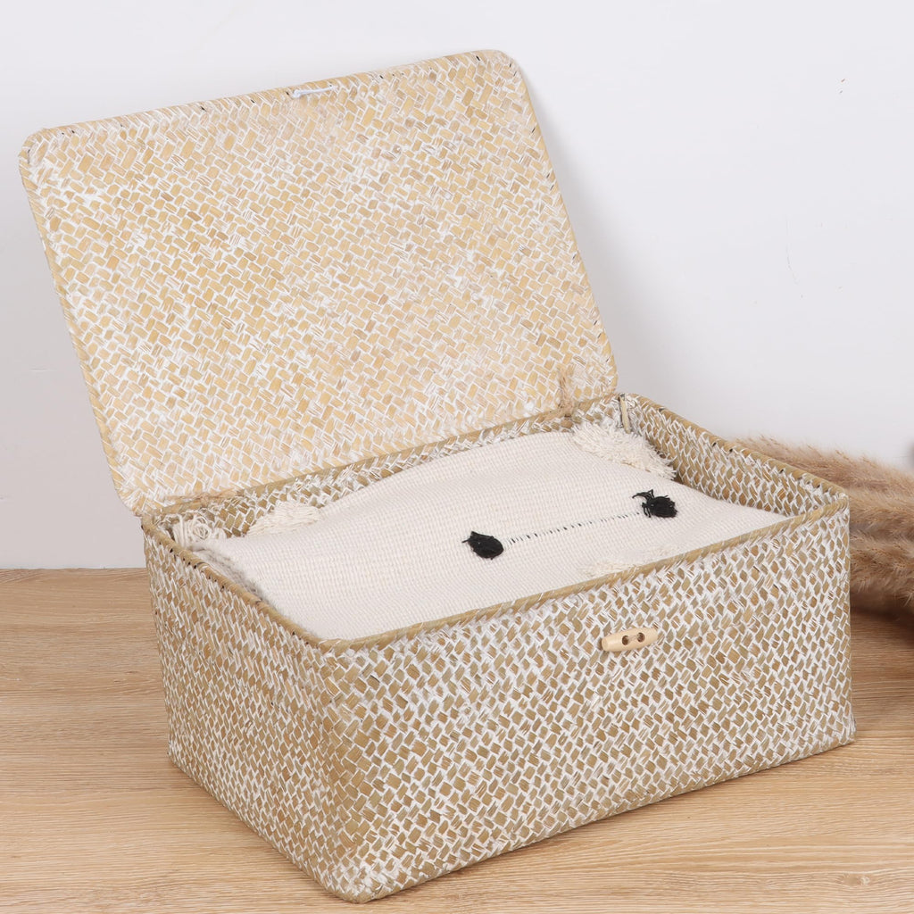 FEIALNDUO Wicker Shelf Baskets with Lid,Seagrass Storage Basket Bins Rectangular Handwoven Basket Boxes for Shelves Desktop Home Organizer (Coffee, X-Small)