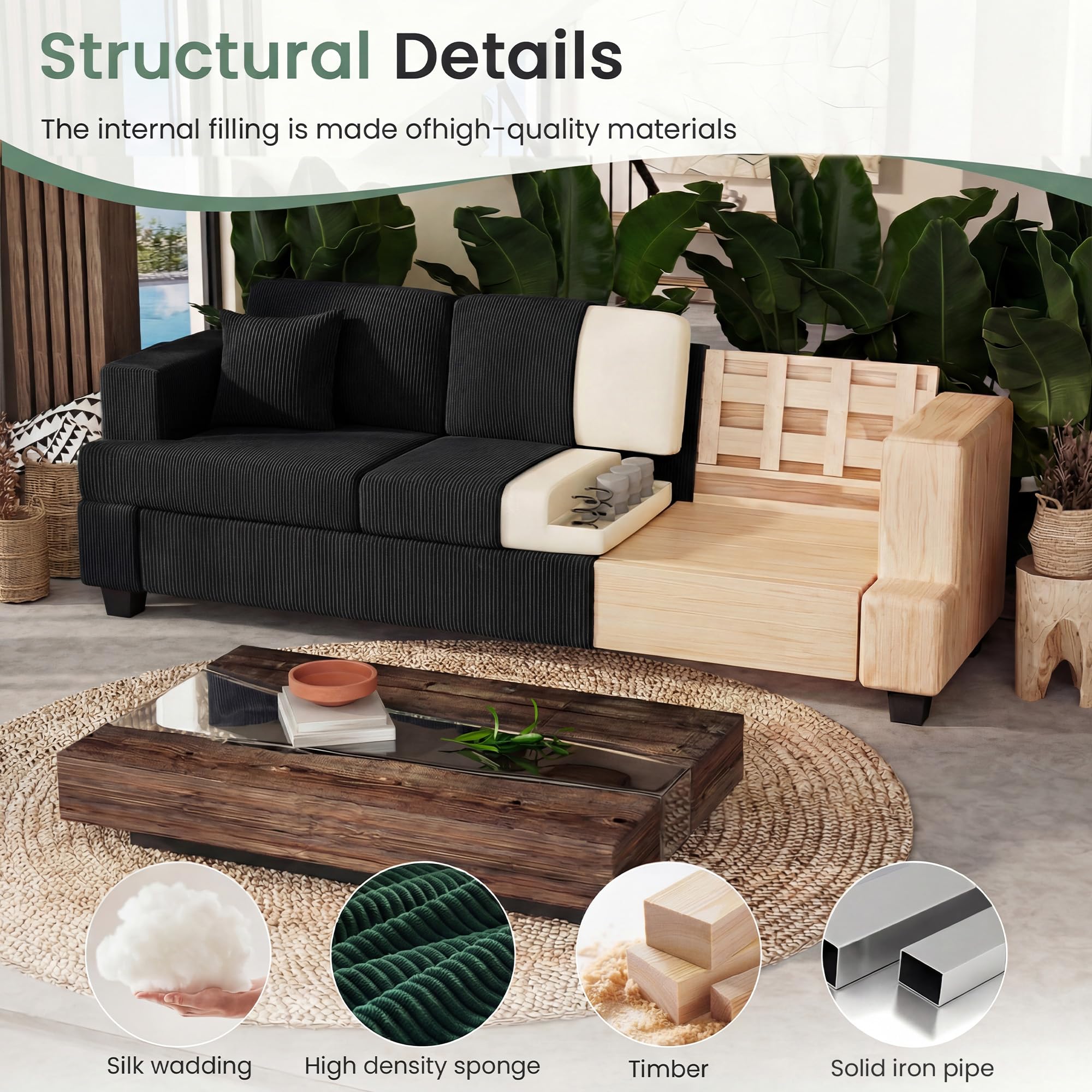 YOUDENOVA 2 Piece Set Comfy Sofa Couch, Loveseat Sofa * 2 with Deep Seats, Modern Sleeper Couch for Living Room, Black Corduroy