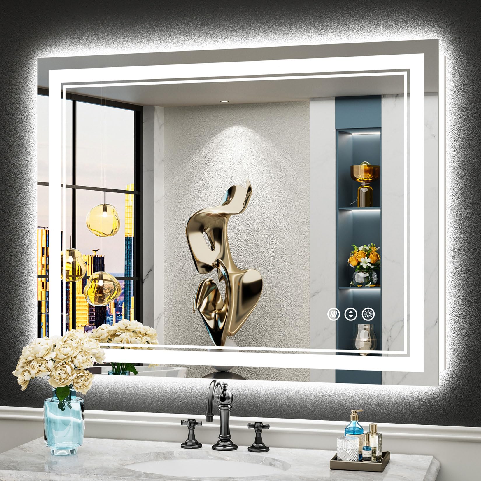 24x32 Black Framed LED Bathroom Mirror with Lights, Backlit and Front Lit Anti-Fog Lighted Vanity Mirrors for Bathroom Wall, Dimmable, 3 Colors, Memory, HD Tempered Glass, Horizontal/Vertical