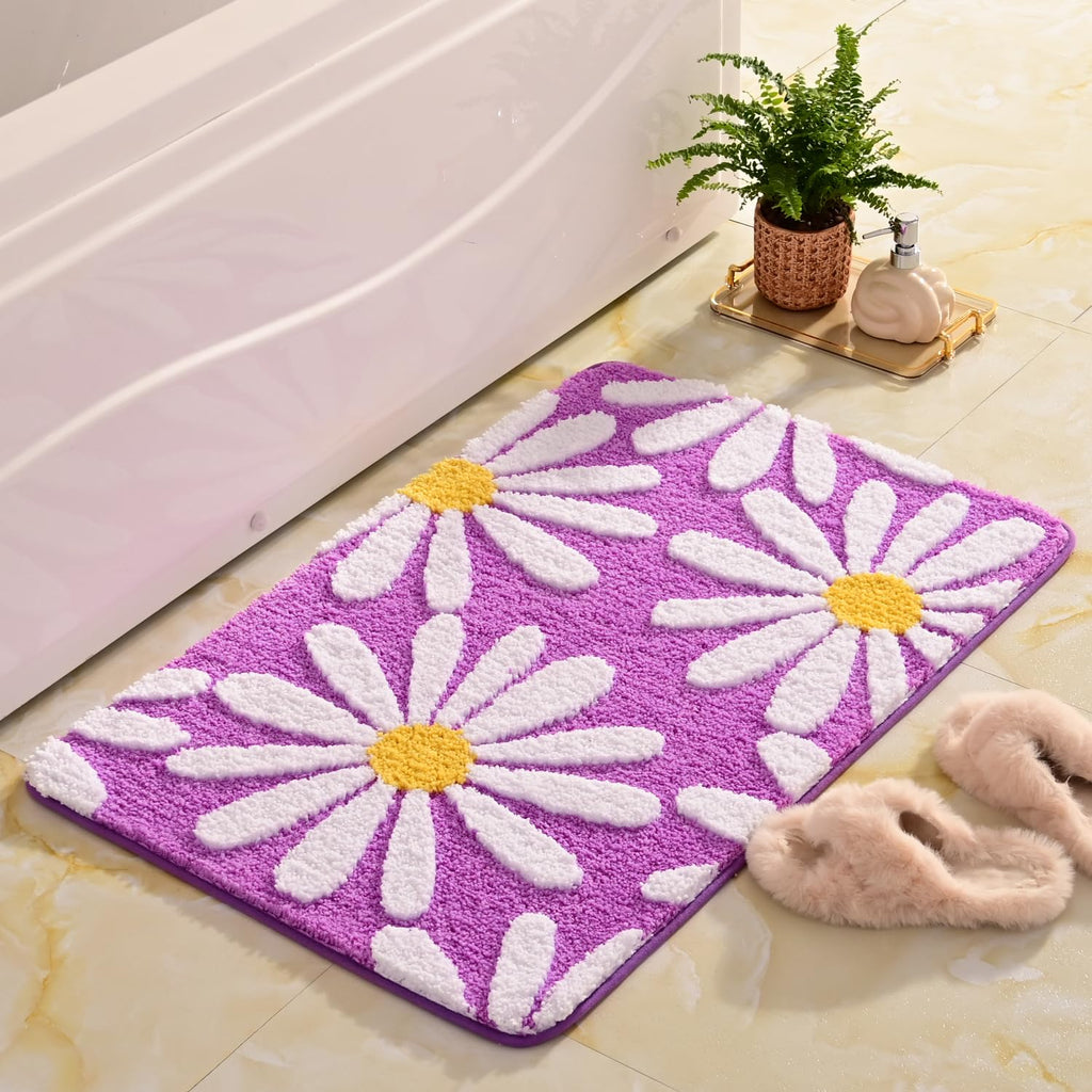 QJHOMO Beige Bathroom Rugs Cute Daisy Bath Mat White and Yellow Flower Decor Rug Non Slip Floor Carpet Microfiber Bathmat Super Absorbent Machine Washable Bathtub Mats for Shower (16x24 inch)