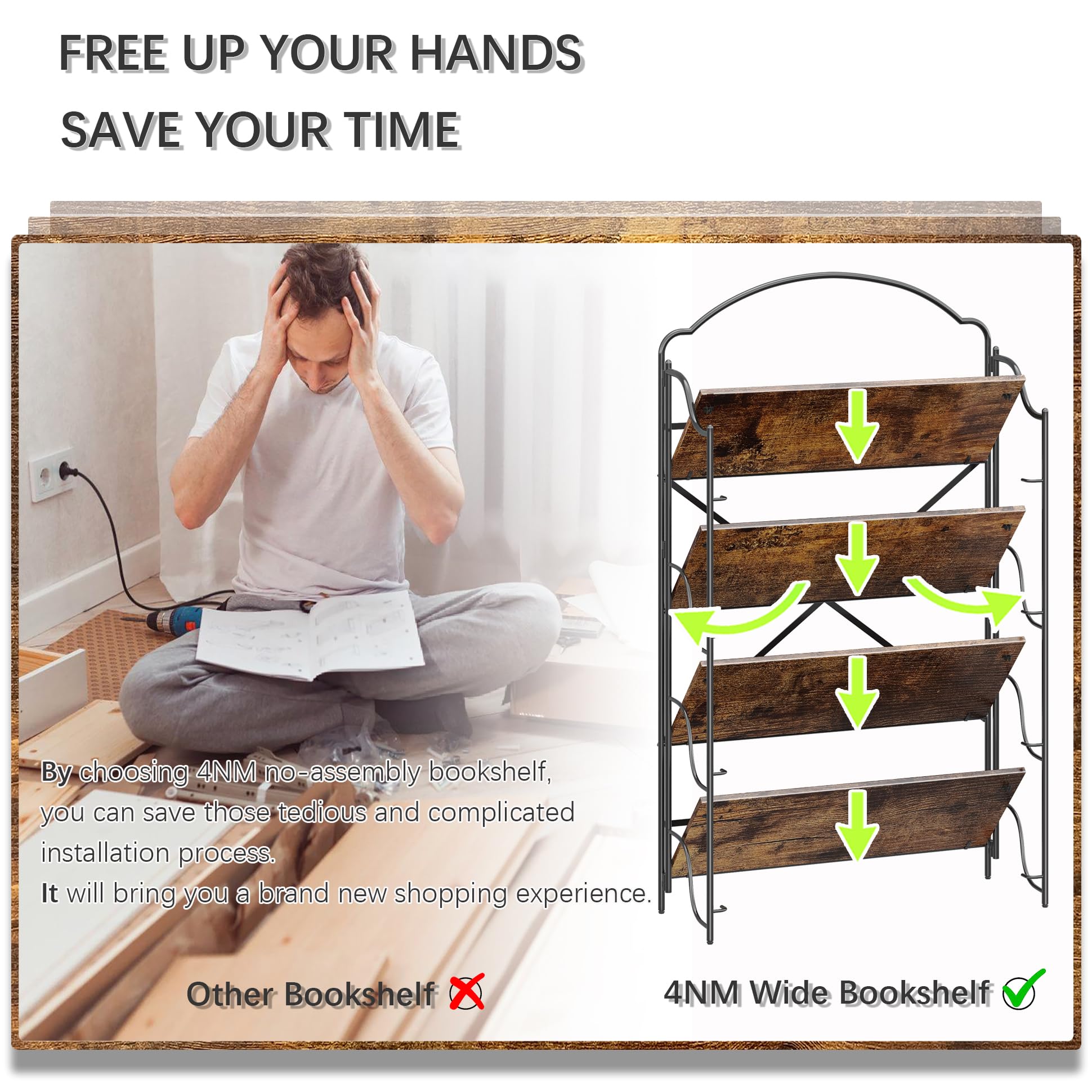 4NM No Assembly Folding Bookshelf, 3 Tiers Collapsible Book Shelves Open Industrial Foldable Storage Bookcase Shelf for Bedroom, Living Room, Home Office - Natural and White