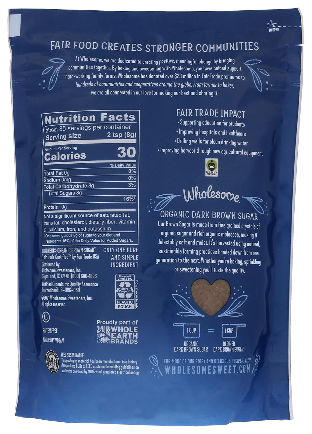 Wholesome Sweeteners 24-Ounce Organic Dark Brown Sugar, Fair Trade, Non GMO, Gluten Free & Vegan, Sugar for Baking and Glazing, 1 Pack