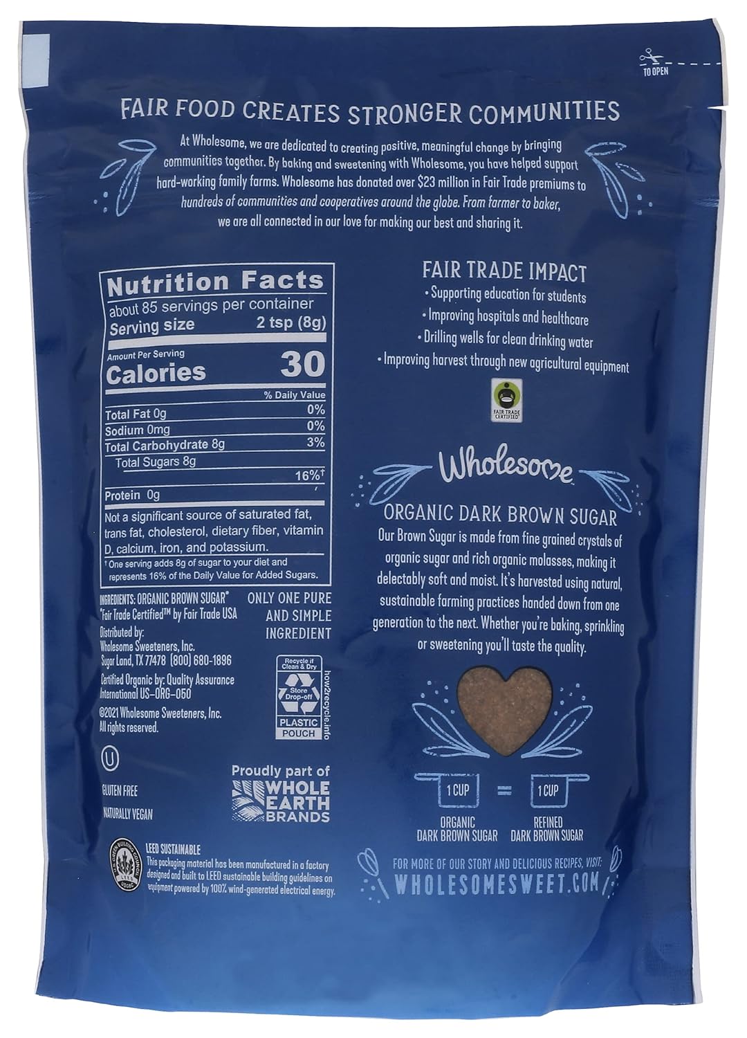 Wholesome Sweeteners 24-Ounce Organic Dark Brown Sugar, Fair Trade, Non GMO, Gluten Free & Vegan, Sugar for Baking and Glazing, 1 Pack