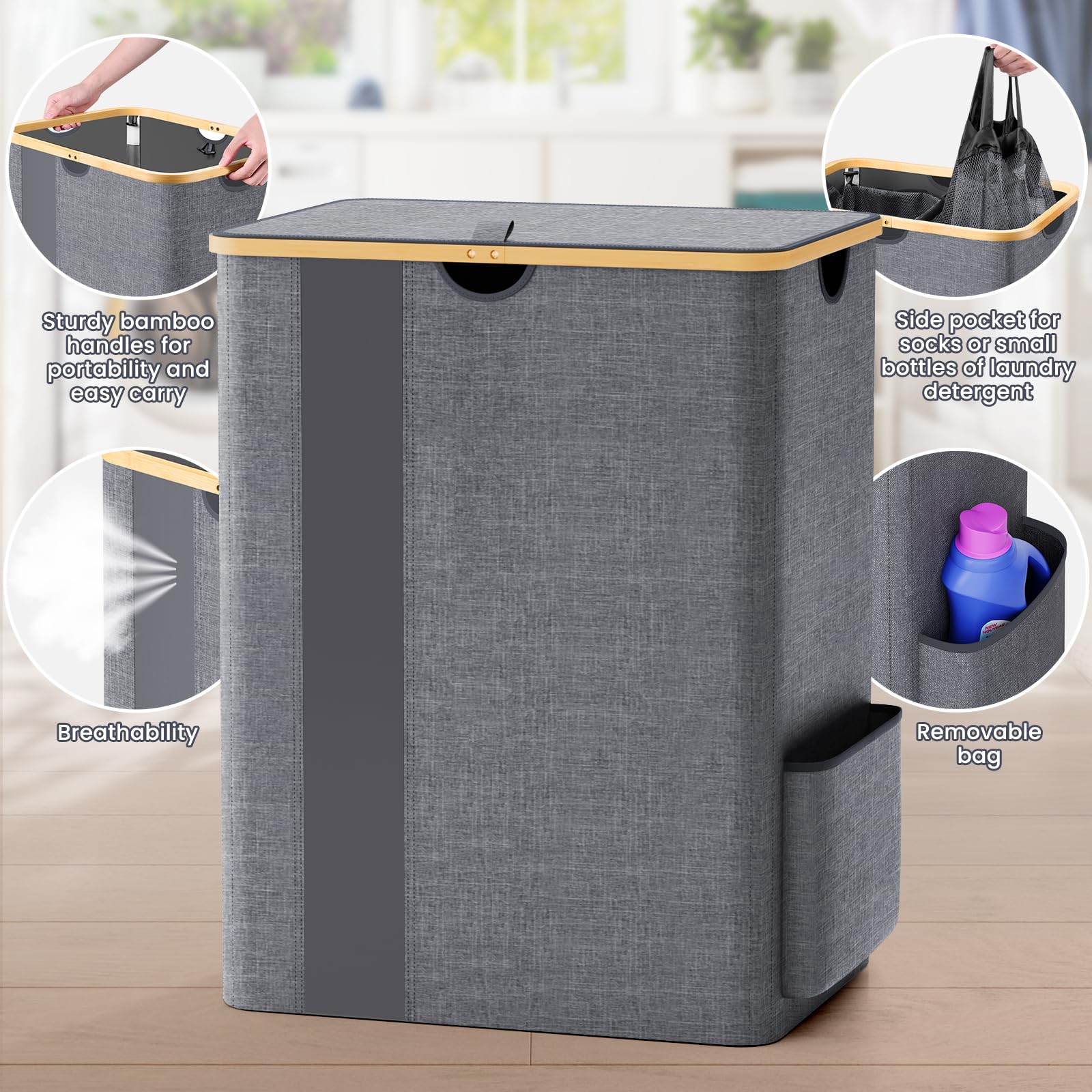 BlissTotes Laundry Basket with Lid, 100L Clothes Laundry Hamper with Handles and Removable Laundry Bag, Breathable Design Hamper with Lid for Bedroom, Bathroom, Dorm, Laundry Room - Beige