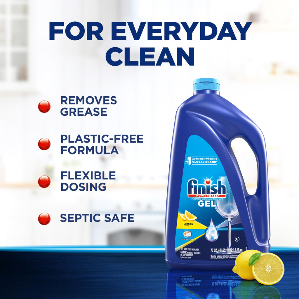 Finish Gel Liquid Dishwasher Detergent, Advanced Deep Cleaning Power Dish Soap, Fights Tough Stains, Dishwasher Soap, Plastic-Free & Septic Safe Dish Detergent, Lemon Scent, 75oz