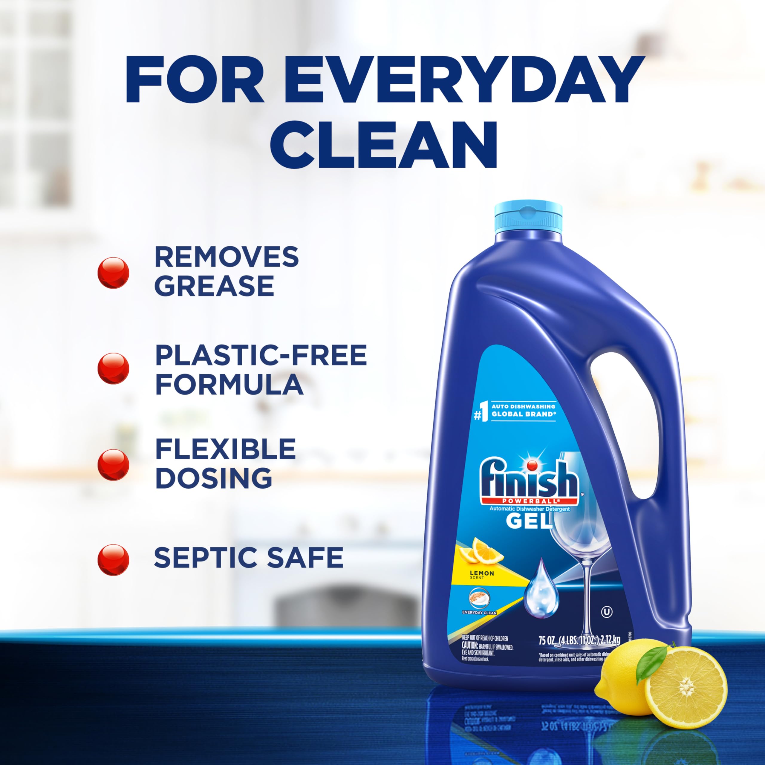 Finish Gel Liquid Dishwasher Detergent, Advanced Deep Cleaning Power Dish Soap, Fights Tough Stains, Dishwasher Soap, Plastic-Free & Septic Safe Dish Detergent, Lemon Scent, 75oz