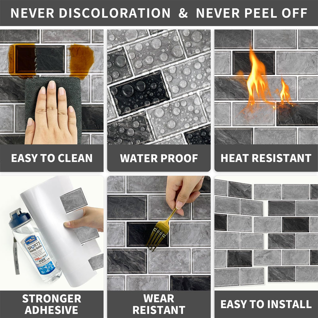 URCOLOR 10-Sheet Back Splashes for Kitchens Peel and Stick,12"x12" Self Adhesive Subway Wall Tiles Stick on backsplash Tiles for Bathroom Black Marble