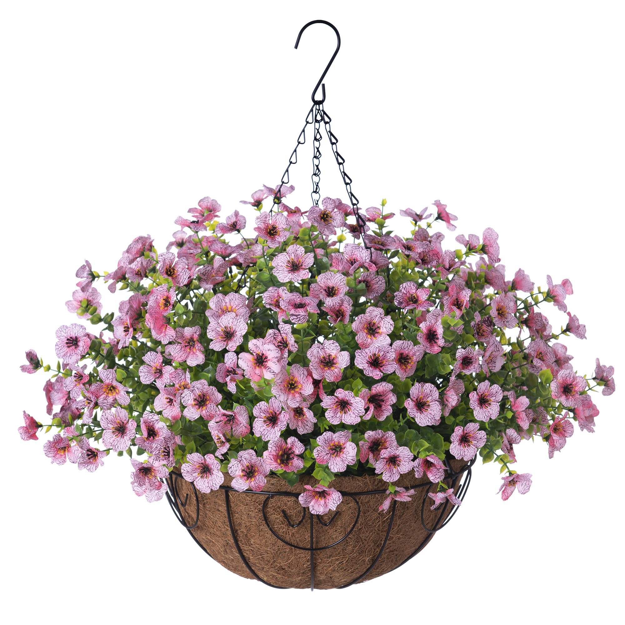 Ammyoo Artificial Faux Hanging Plants Flowers Basket for Spring Outdoor Decoration, Fake Silk Daisy UV Resistant Look Real with Eucalyptus Leaves Summer Outside Decor for Home Patio Garden