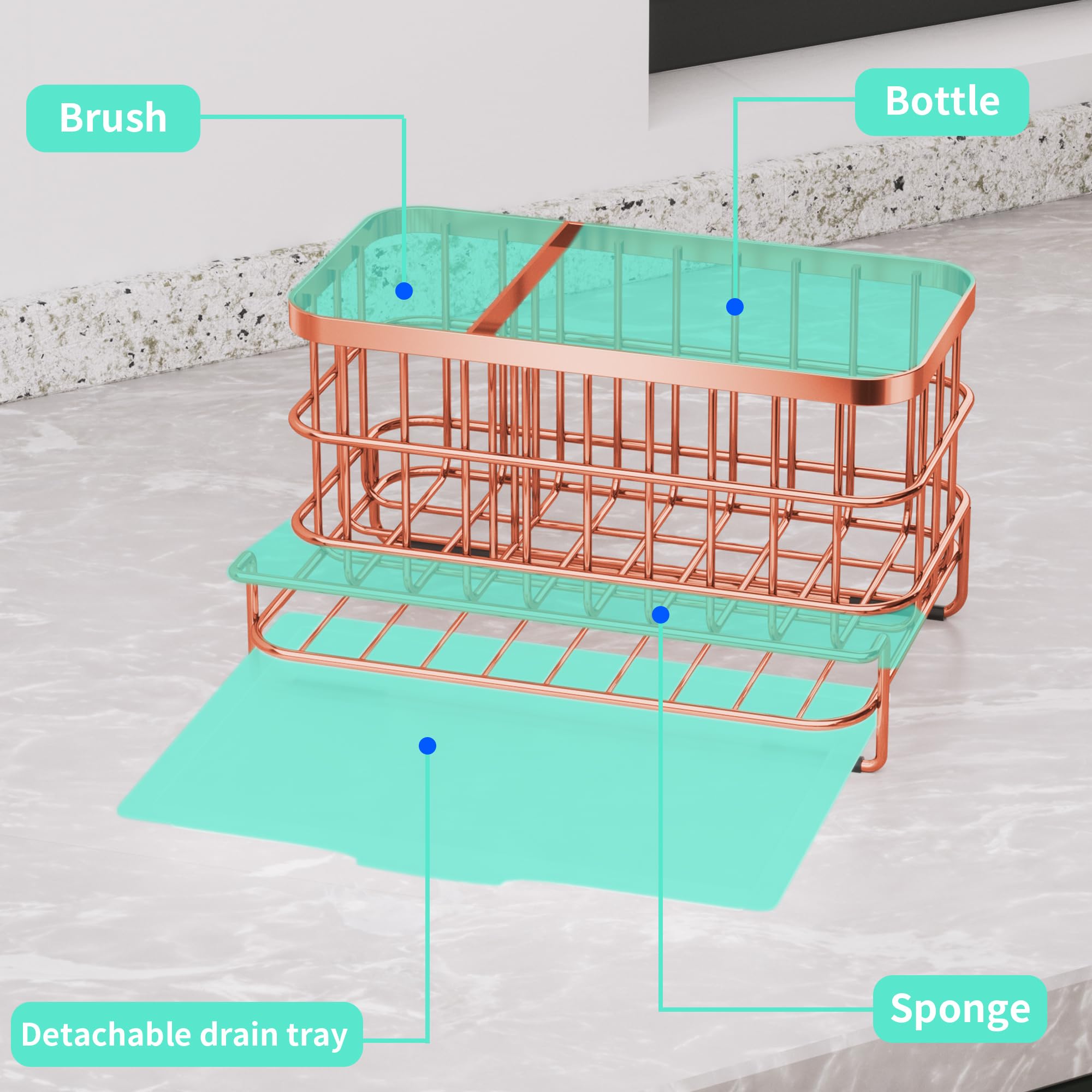 HapiRm Kitchen Sink Organizer, SUS304 Stainless Steel Rustproof Multifunctional Large Sink Caddy with Sponge Holder and Drain Tray for Kitchen Countertop (Silver)