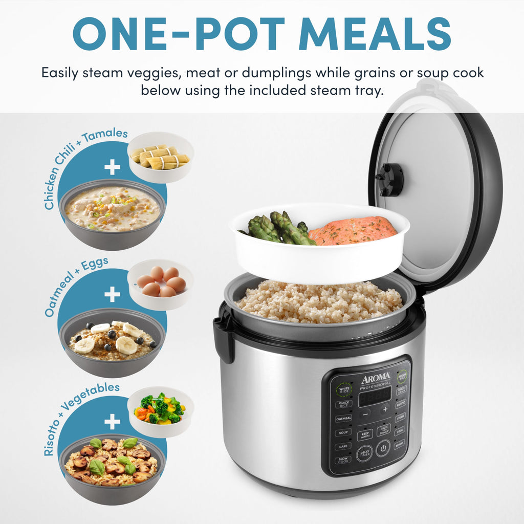 AROMA Digital Rice Cooker, 4-Cup (Uncooked) / 8-Cup (Cooked), 2 Qt, Steamer, Multicooker, Slow Cooker, Oatmeal Cooker, Auto Keep Warm, Stainless Steel Exterior