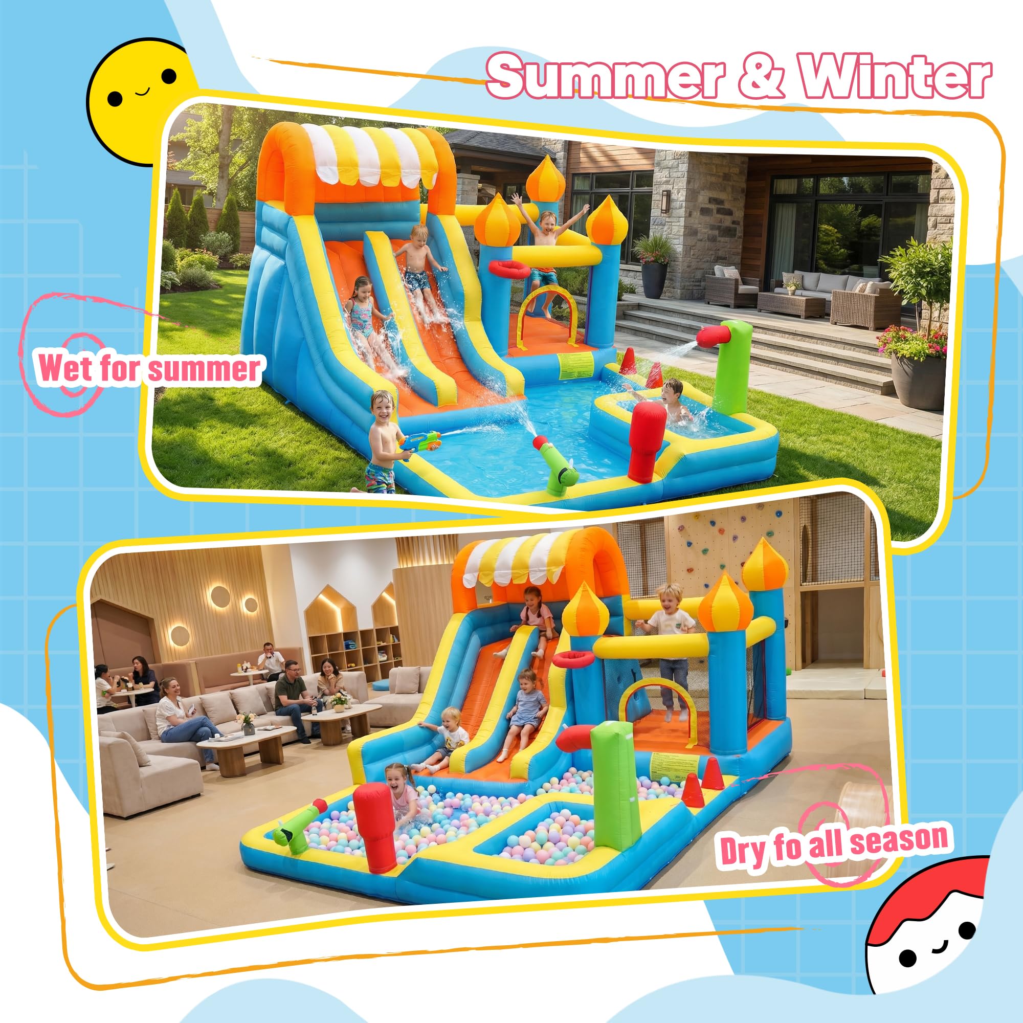 Blow Up Water Slides Two Long Slides Jumping Bouncy Castle for Kids Outdoor Inflatable Bounce House with 680W Blower for Kids Backyard