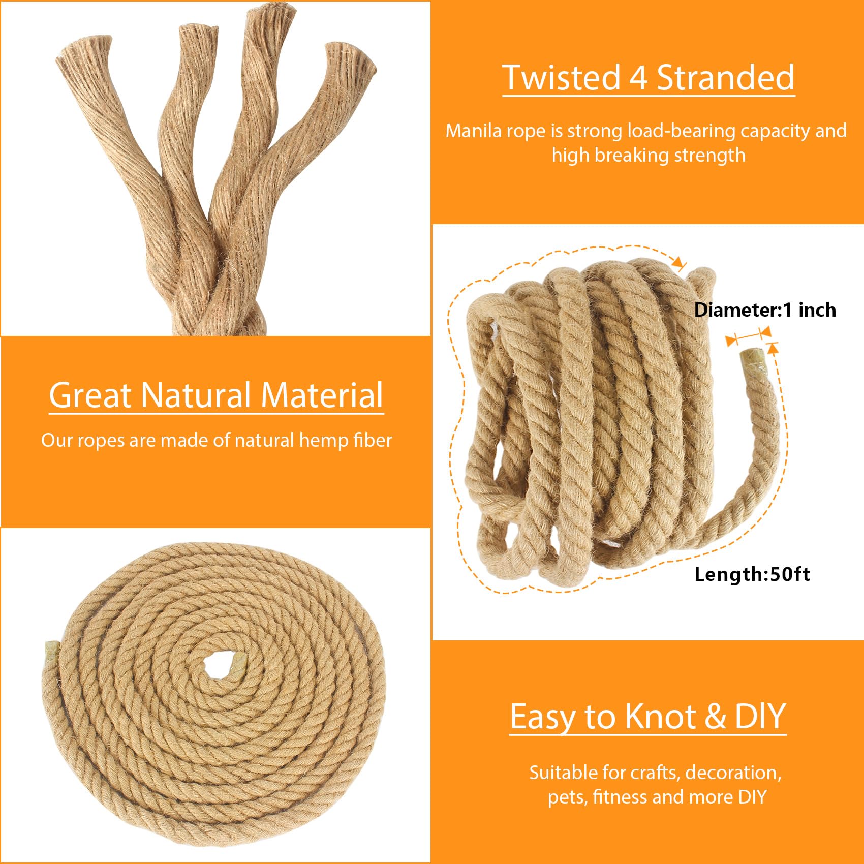 Manila Rope 2 Inch X 50 Ft, Thick Hemp Rope 4 Strand Twisted, Natural Hemp for Crafts Heavy Duty Multipurpose for Swing Bed, Camping, Tug of War, Docks, DIY Projects.