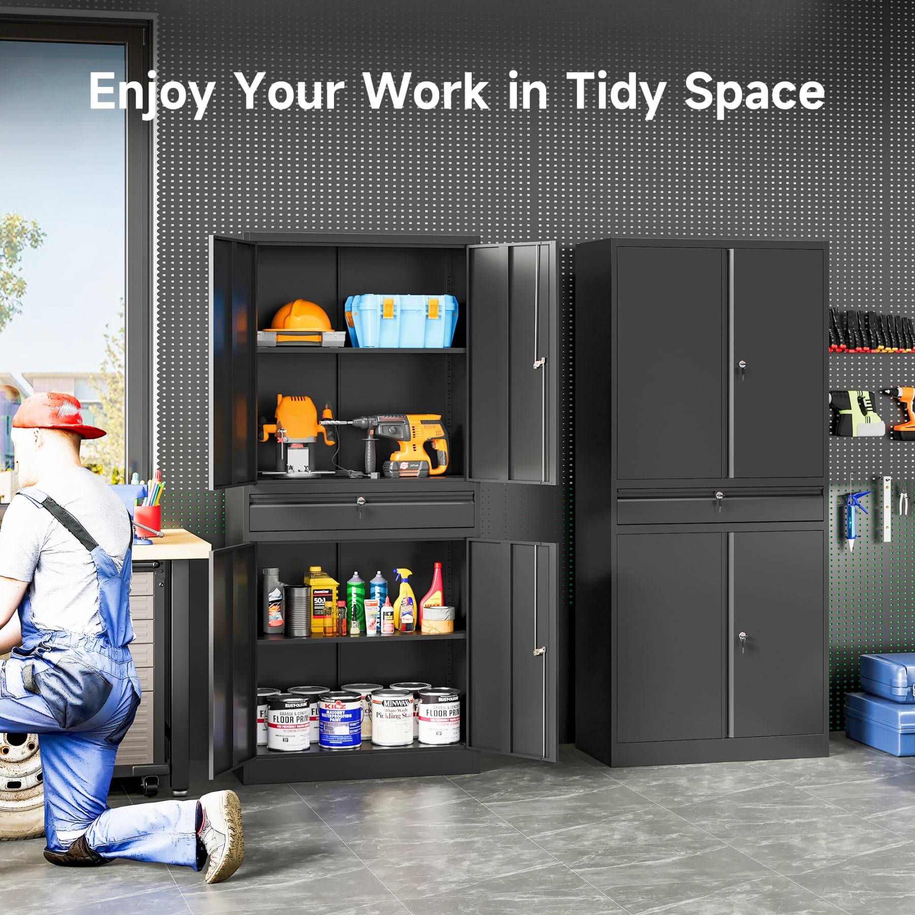 SISESOL Wide & Deep Metal Storage Cabinet with Wheels,Tall Rolling Garage Storage Cabinet with Lock,Black Metal Cabinets with Pegboards and Shelves,Tool Locker for Garage,Home,Office,43''Wx 20''Dx71"H