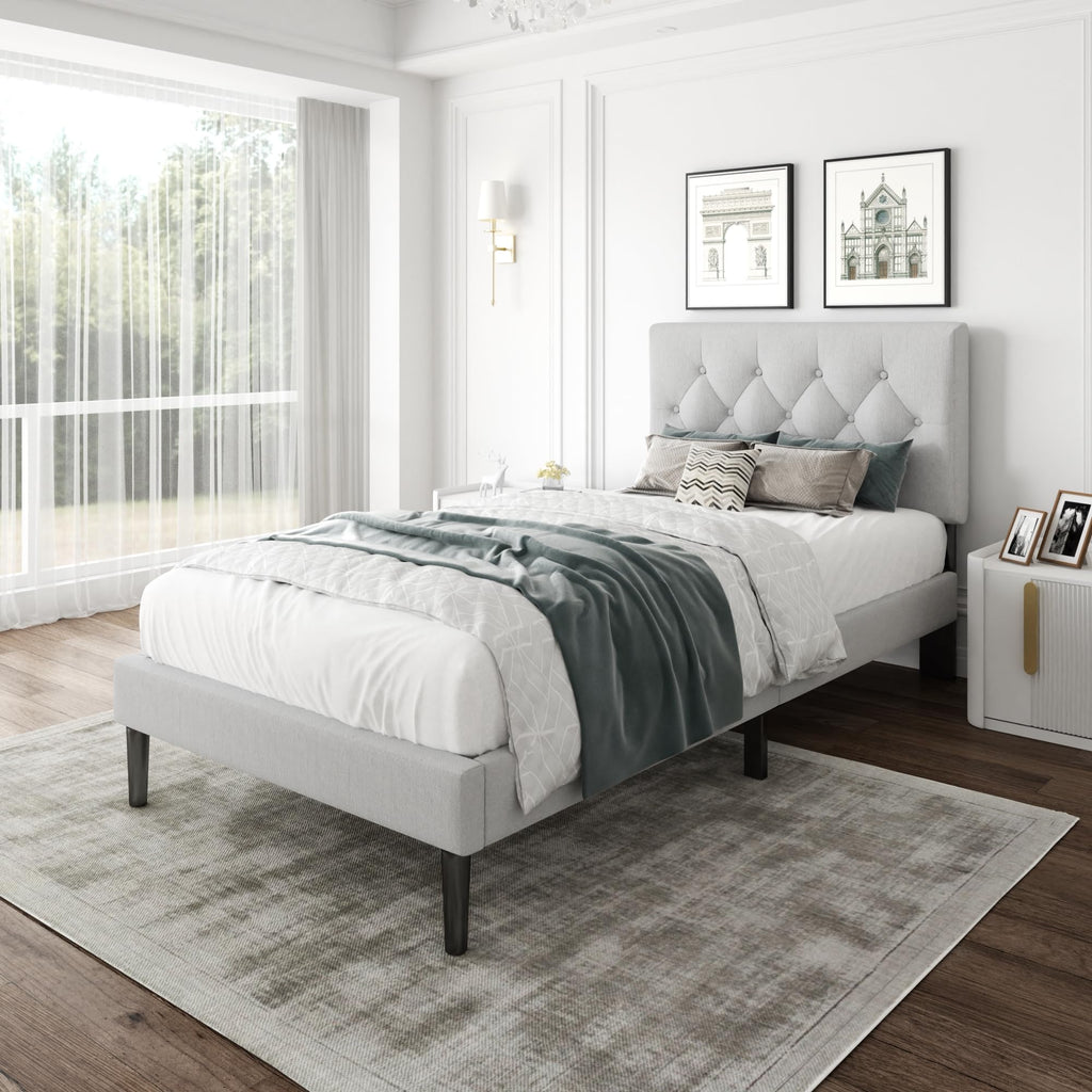 CXVX Full Size Platform Bed Frame with Upholstered Headboard, Button Tufted Design, Strong Wooden Slats, No Box Spring Needed, Easy Assembly, Noise Free