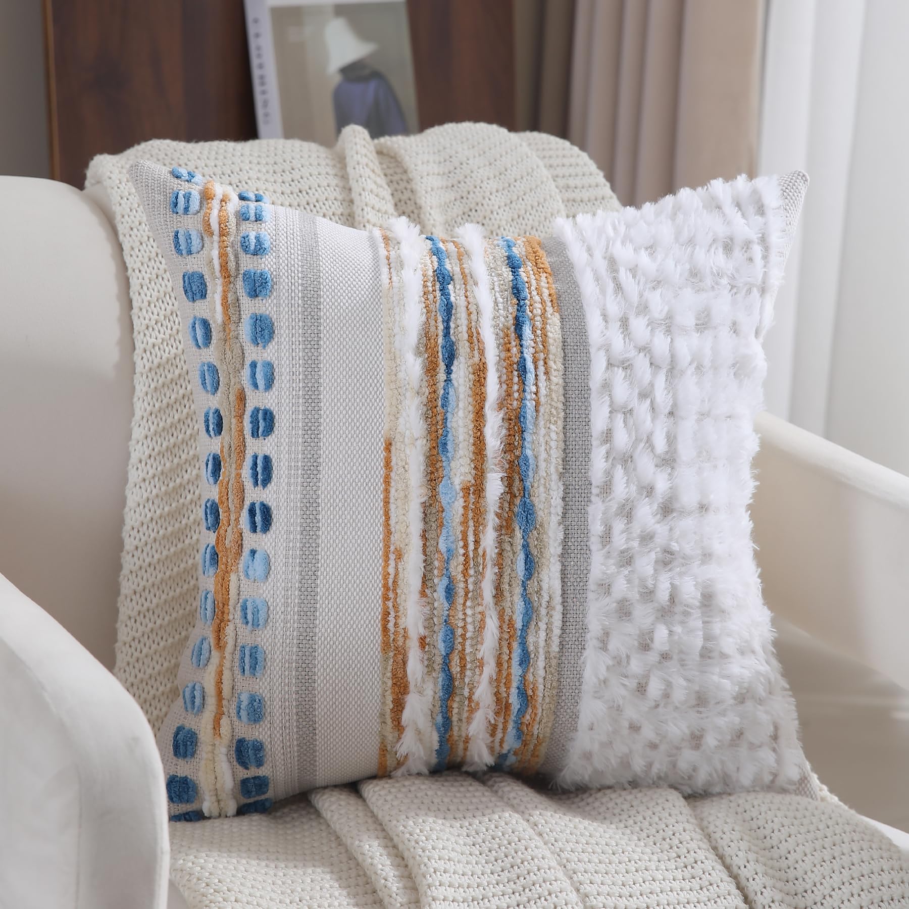 Boho Pillow Covers 18x18 Set of 2 for Couch-Modern Farmhouse Sofa Decorative Throw Pillow Covers Textured Chenille Cushion Covers Outdoor Netural Bohemian Pillow Cases Square