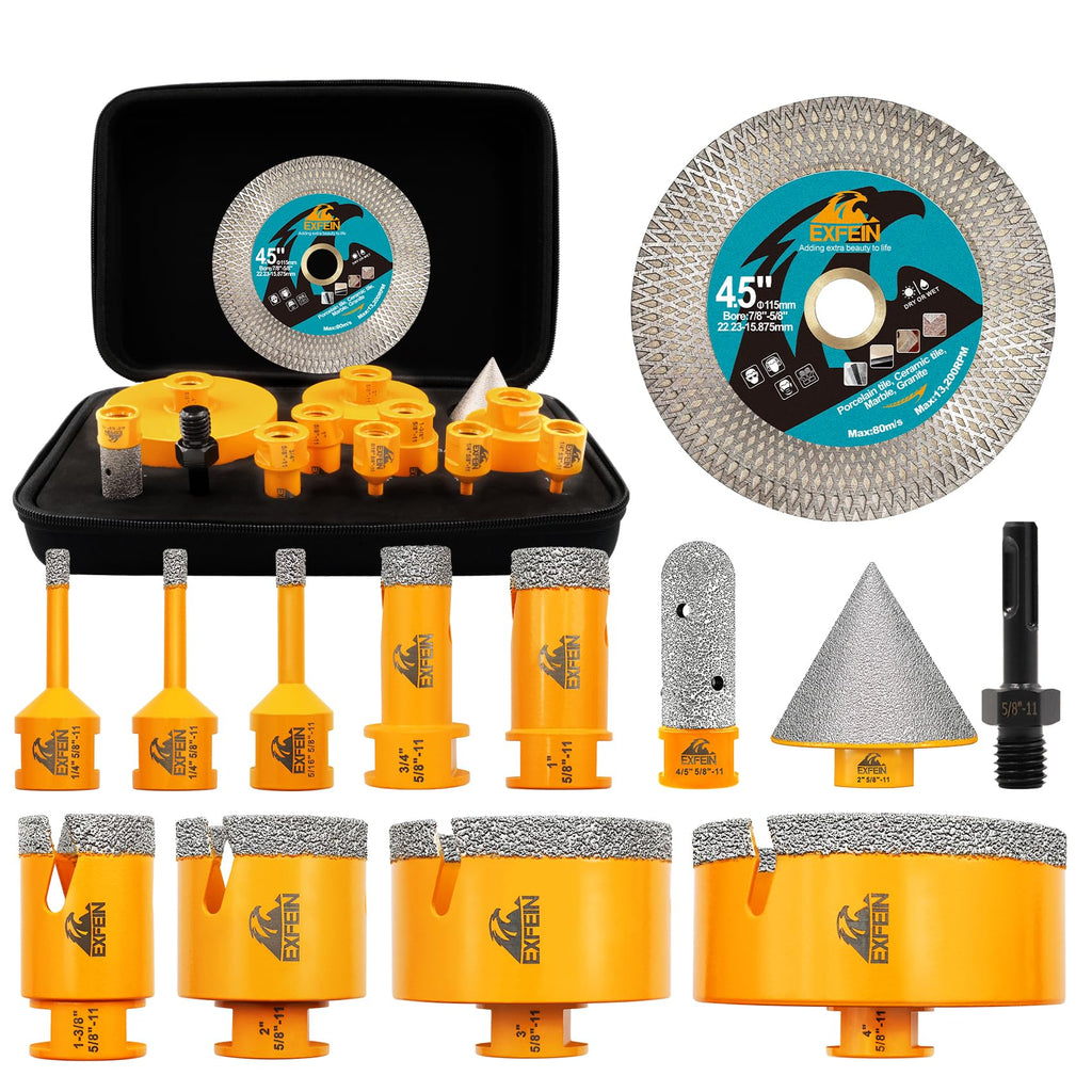 Diamond Tile Hole Saw Kit 12pcs - 6/8/10/25/35/50/65mm Core Drill Bits,10mm Milling Bit and 2" Chamfer Bit with Hex Adapter and 4.5" 2pcs Diamond Blade and for Tile Porcelain Marble