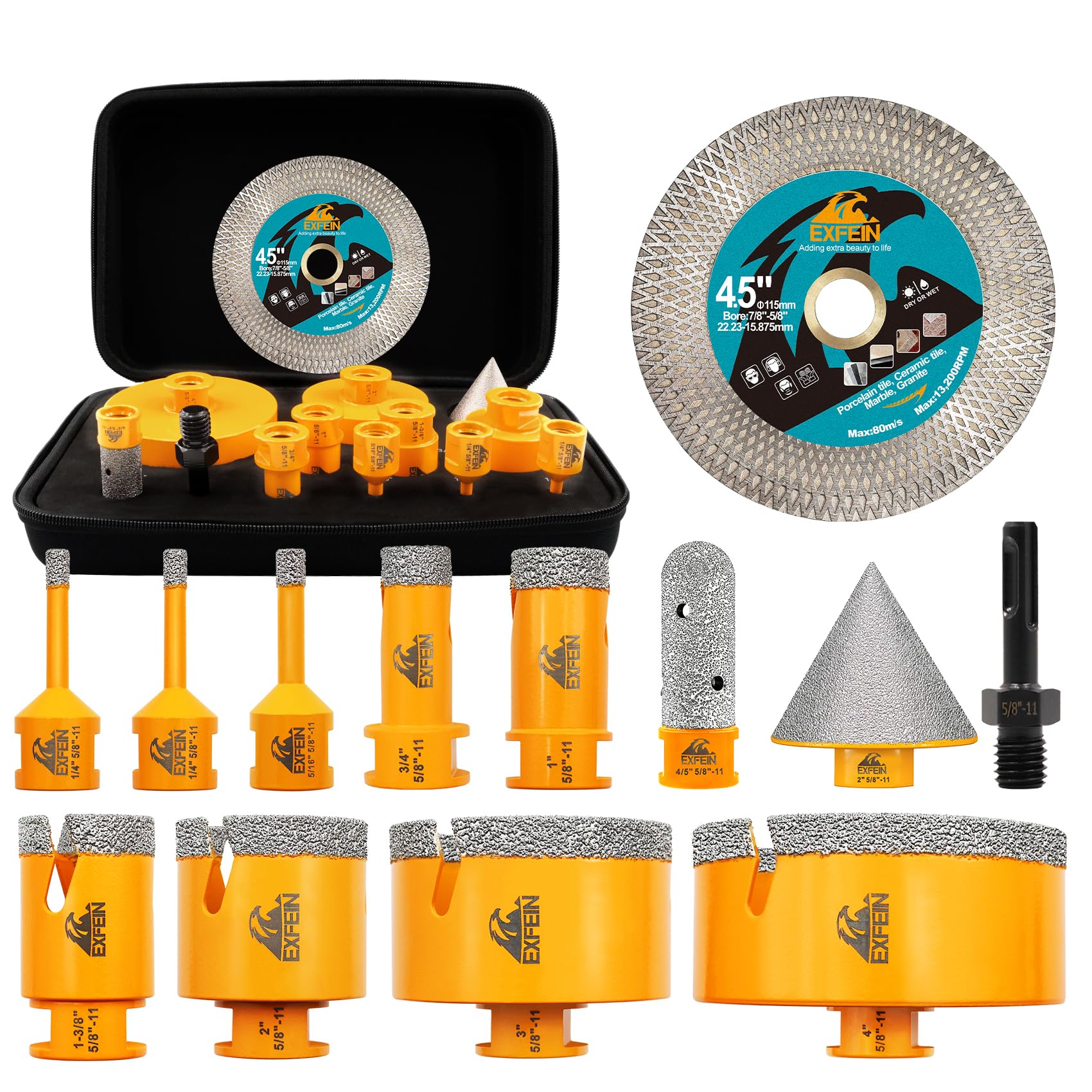 Diamond Tile Hole Saw Kit 12pcs - 6/8/10/25/35/50/65mm Core Drill Bits,10mm Milling Bit and 2" Chamfer Bit with Hex Adapter and 4.5" 2pcs Diamond Blade and for Tile Porcelain Marble